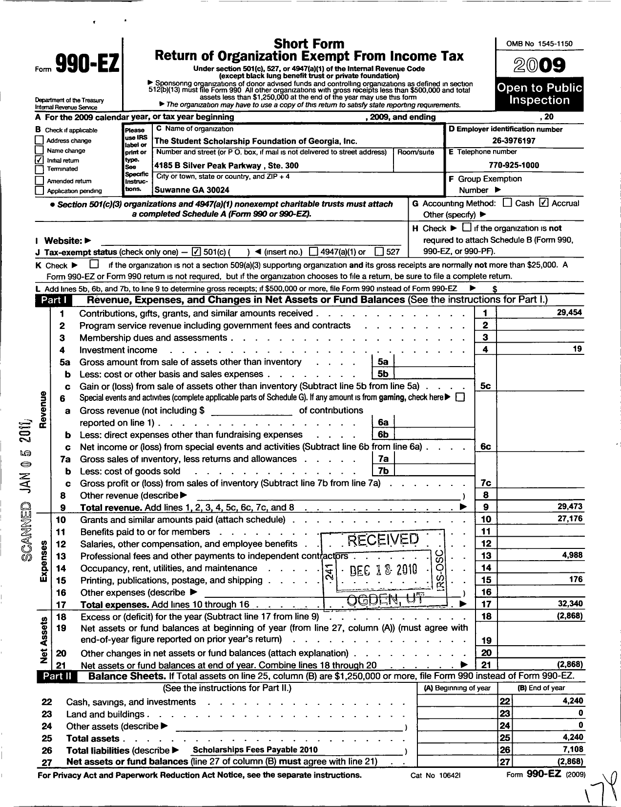 Image of first page of 2009 Form 990EO for Student Scholarship Foundation