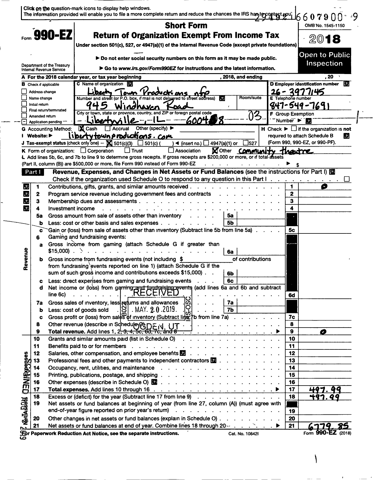 Image of first page of 2018 Form 990EZ for Liberty Town Productions NFP