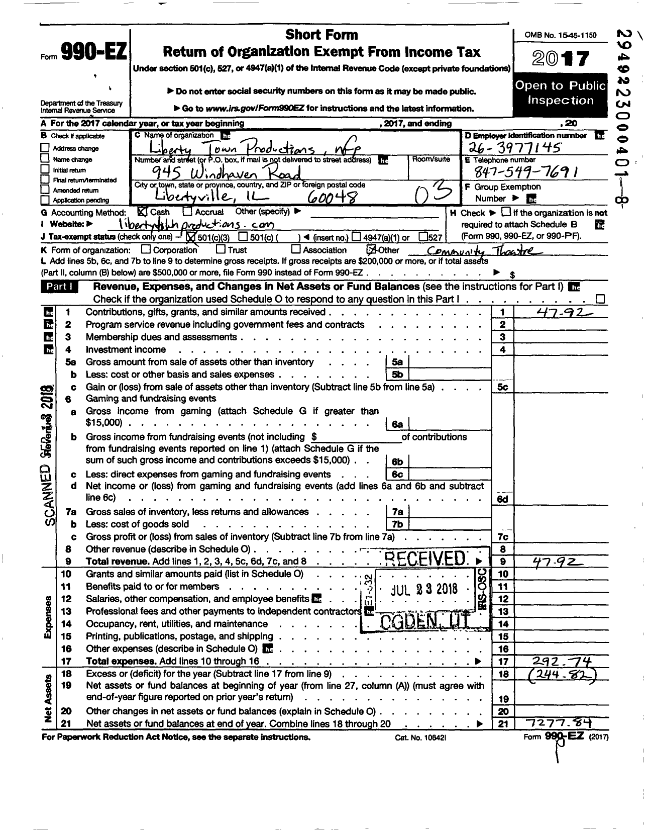 Image of first page of 2017 Form 990EZ for Liberty Town Productions NFP