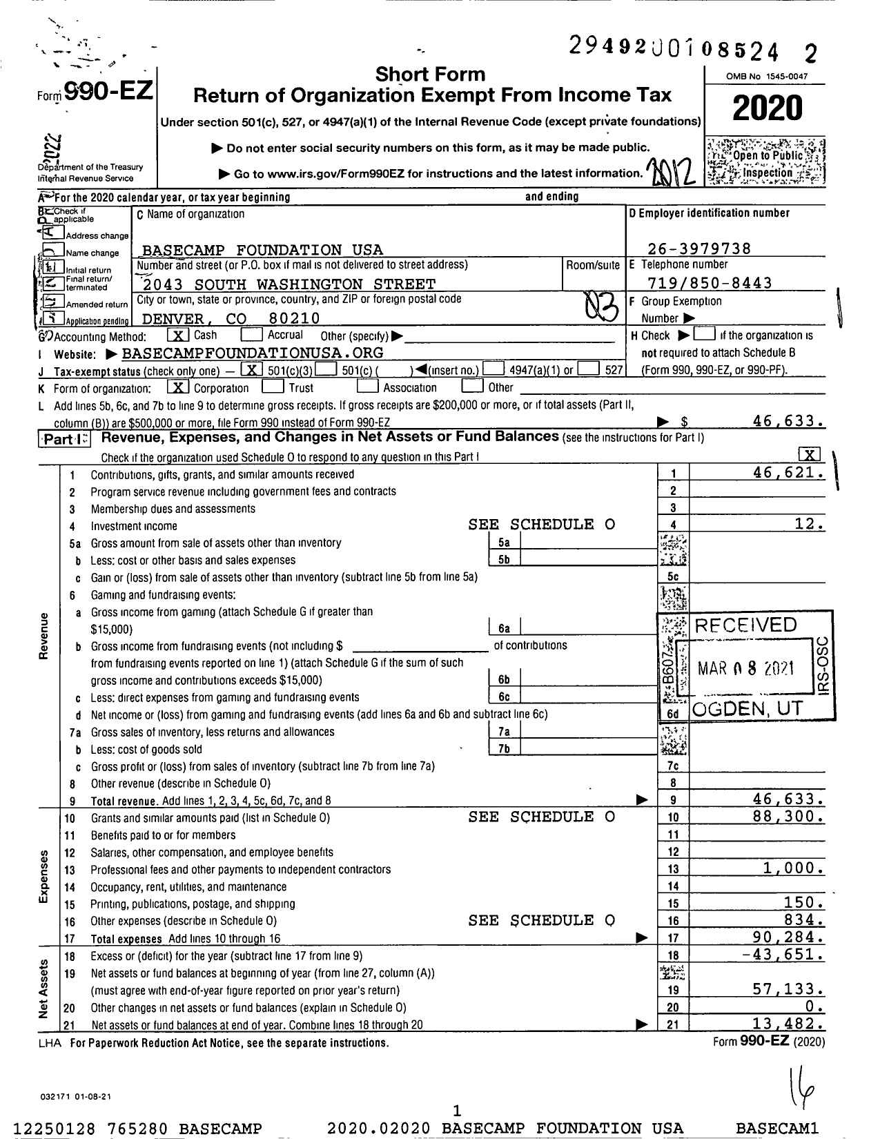 Image of first page of 2020 Form 990EZ for Basecamp Explorer Foundation USA