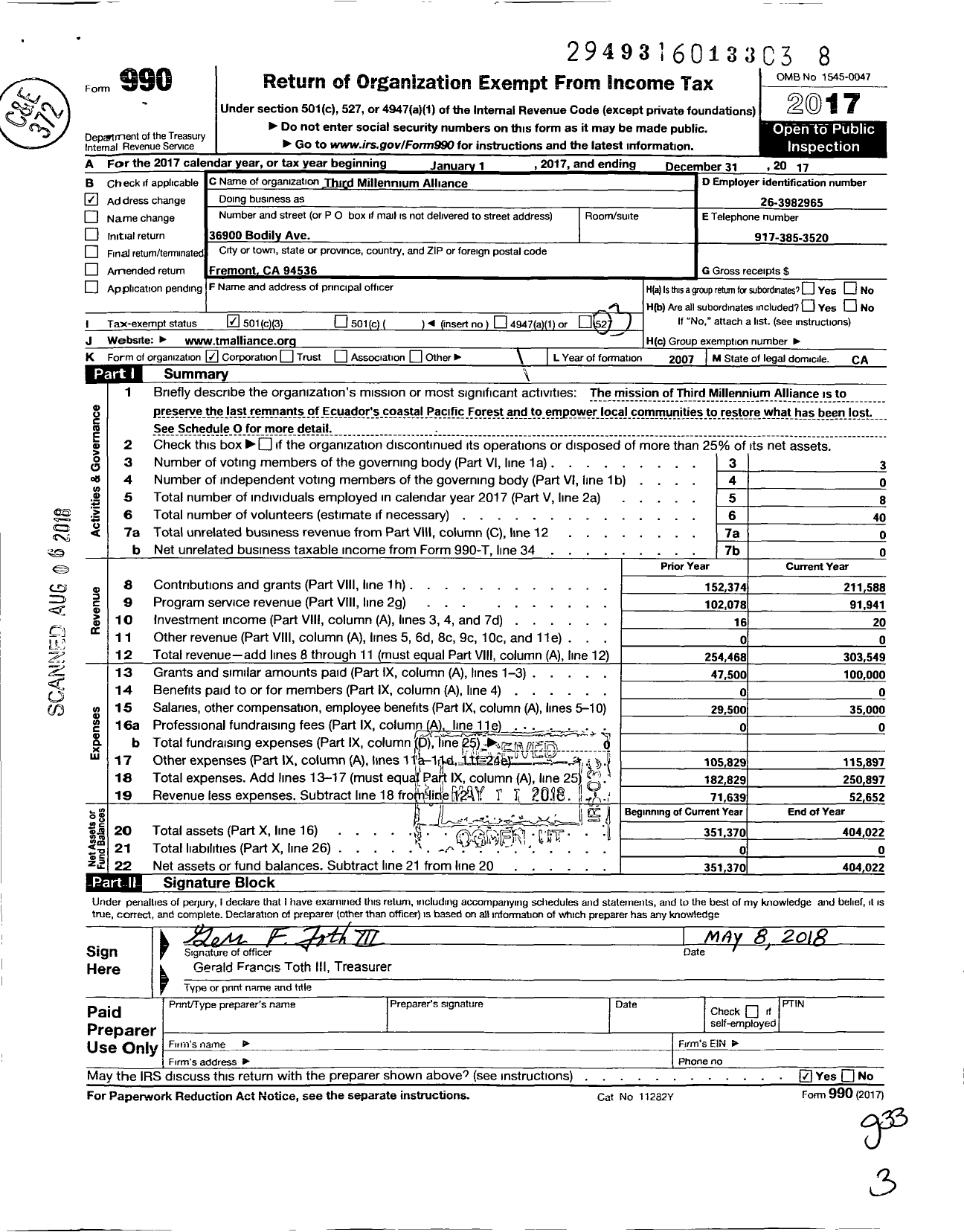 Image of first page of 2017 Form 990 for Third Millennium Alliance