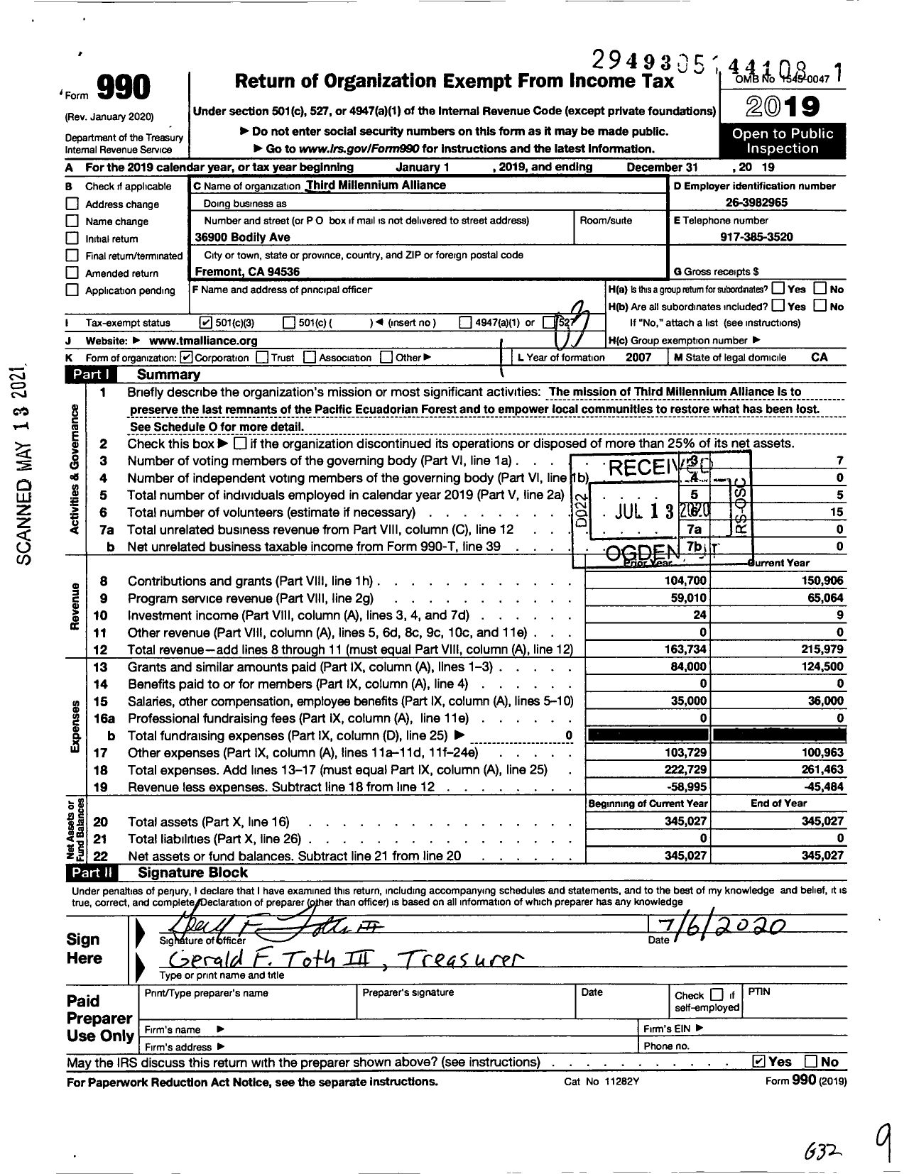 Image of first page of 2019 Form 990 for Third Millennium Alliance