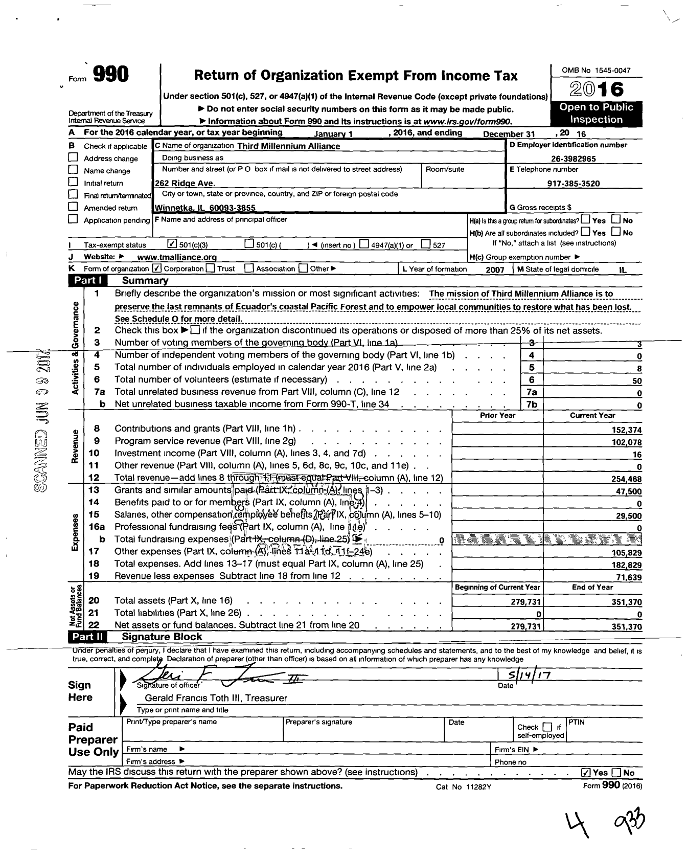 Image of first page of 2016 Form 990 for Third Millennium Alliance