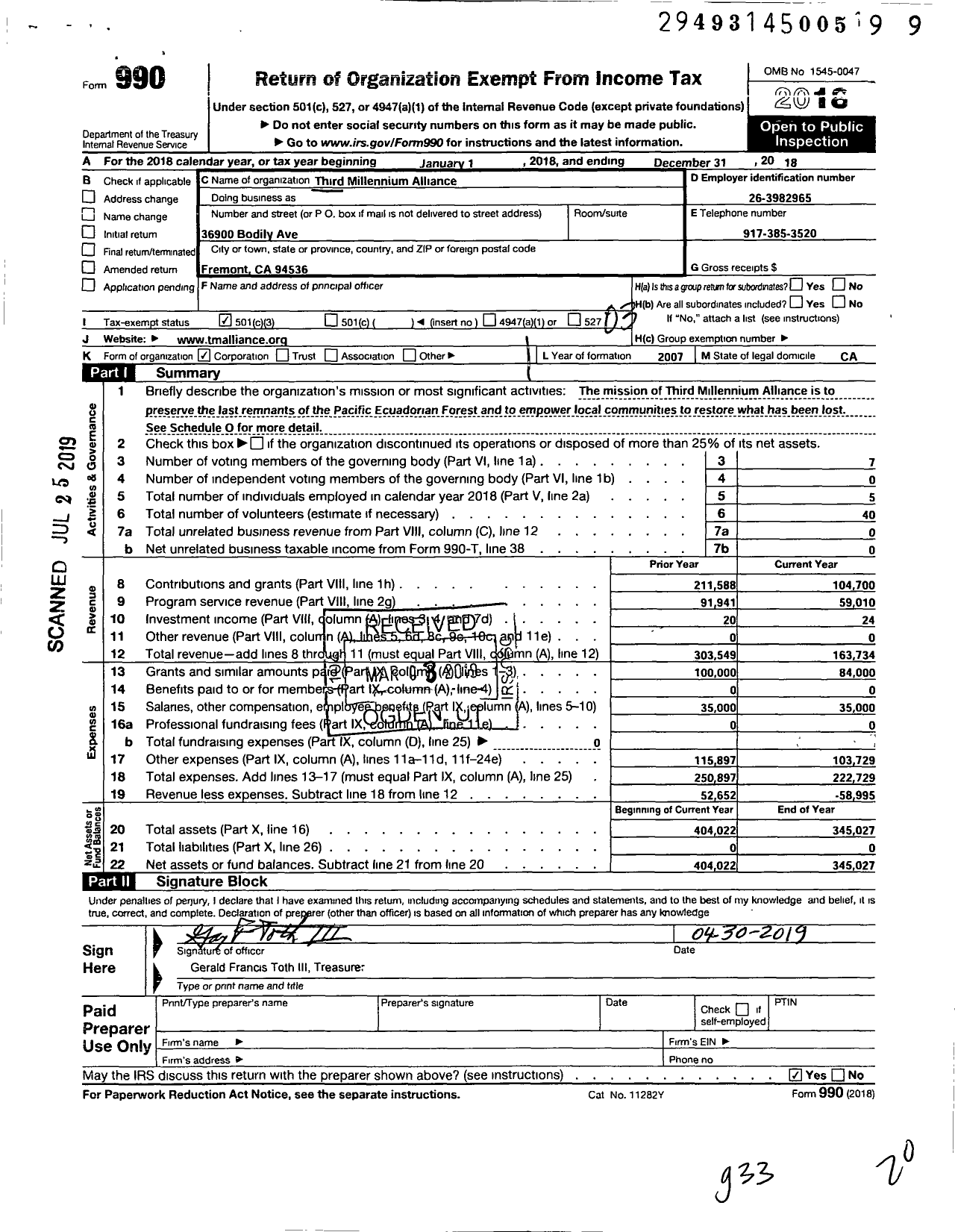 Image of first page of 2018 Form 990 for Third Millennium Alliance