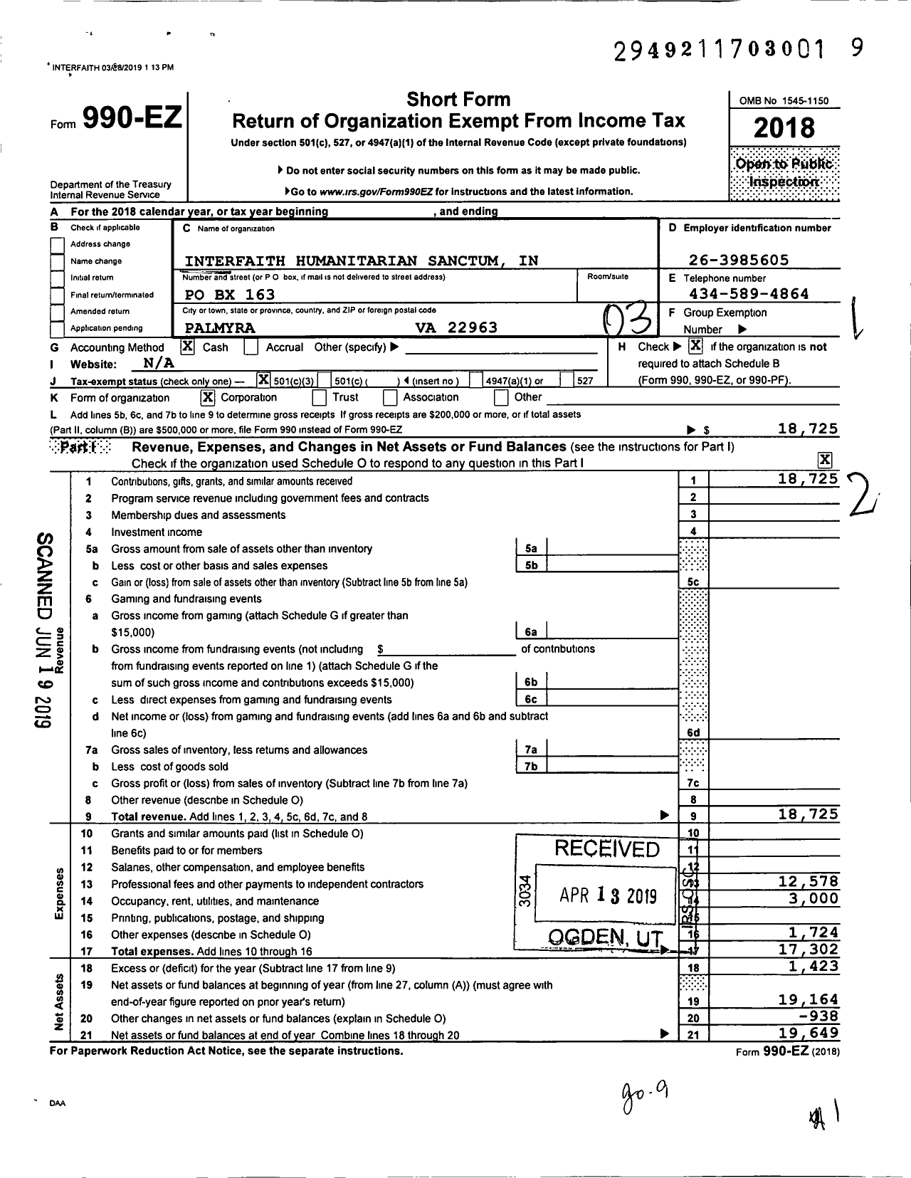 Image of first page of 2018 Form 990EZ for Interfaith Humanitarian Sanctum in