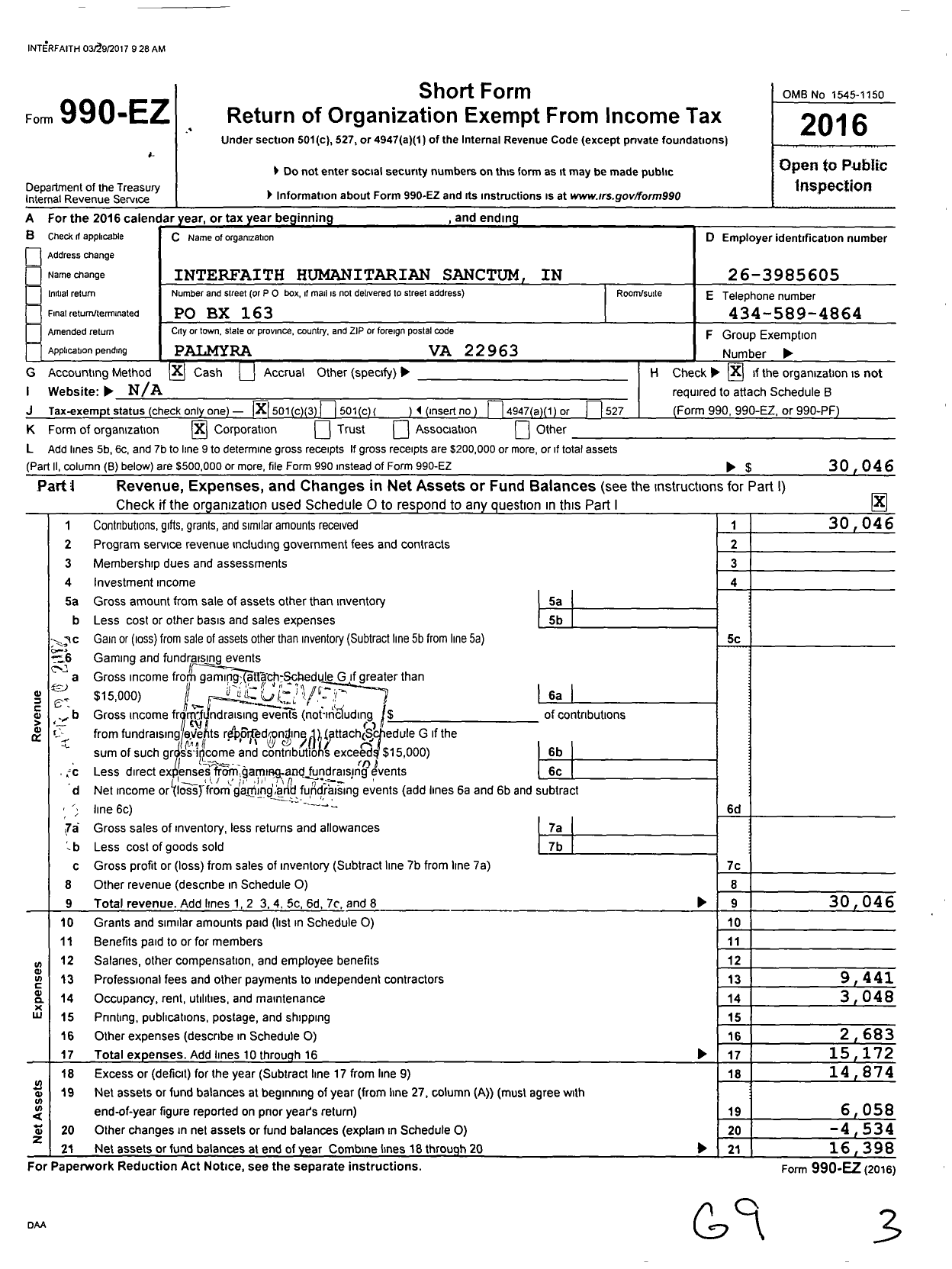 Image of first page of 2016 Form 990EZ for Interfaith Humanitarian Sanctum in