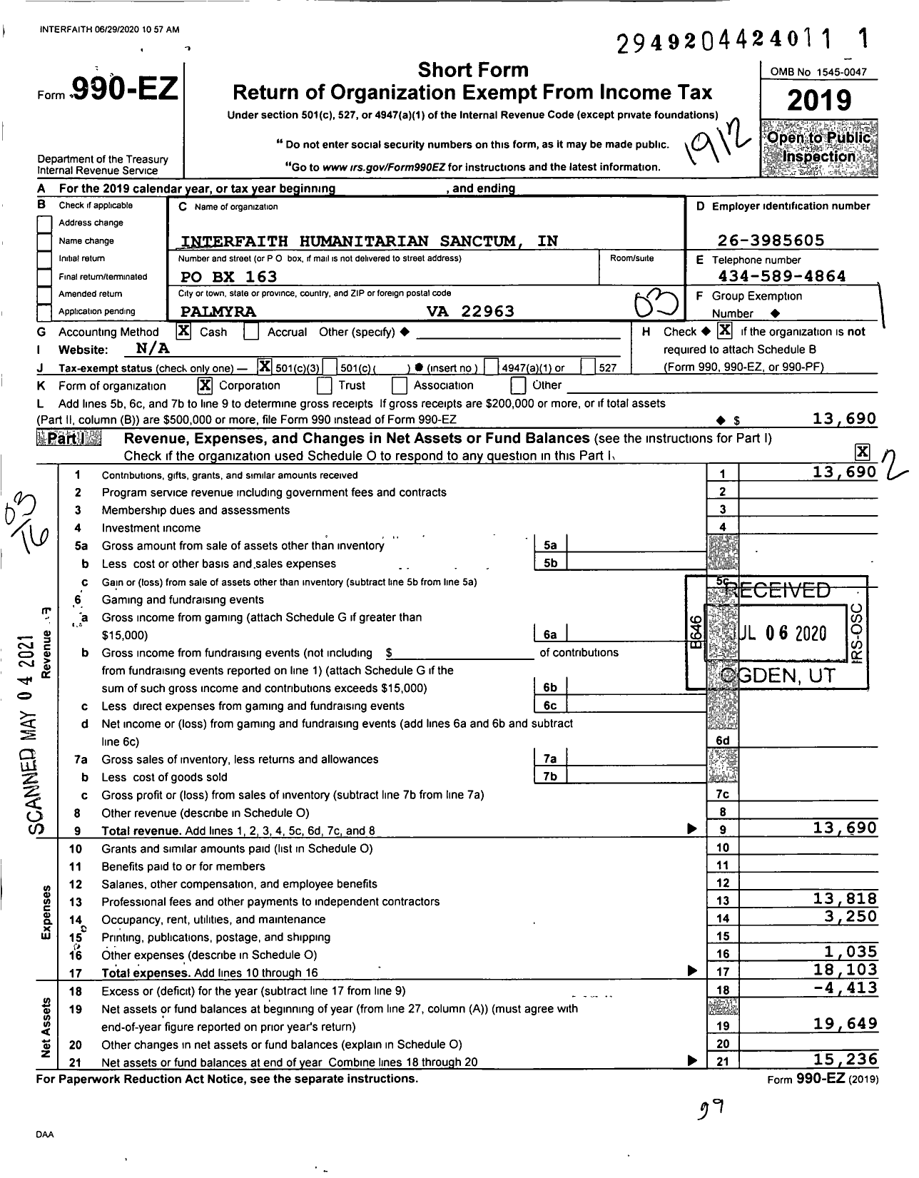 Image of first page of 2019 Form 990EZ for Interfaith Humanitarian Sanctum in