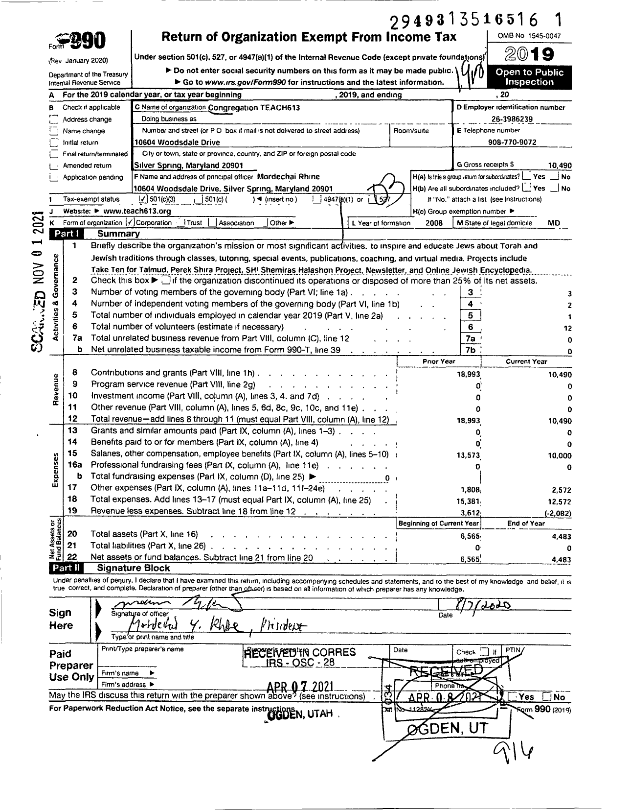 Image of first page of 2019 Form 990 for Congregation Teach613