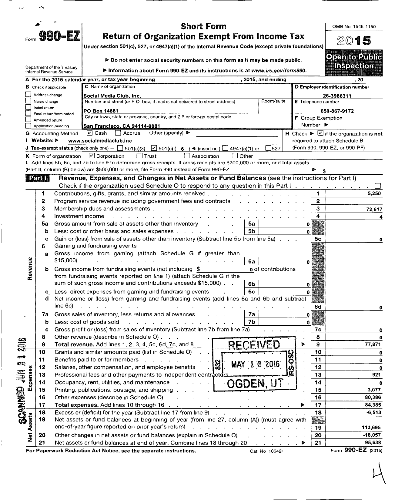 Image of first page of 2015 Form 990EO for Social Media Club