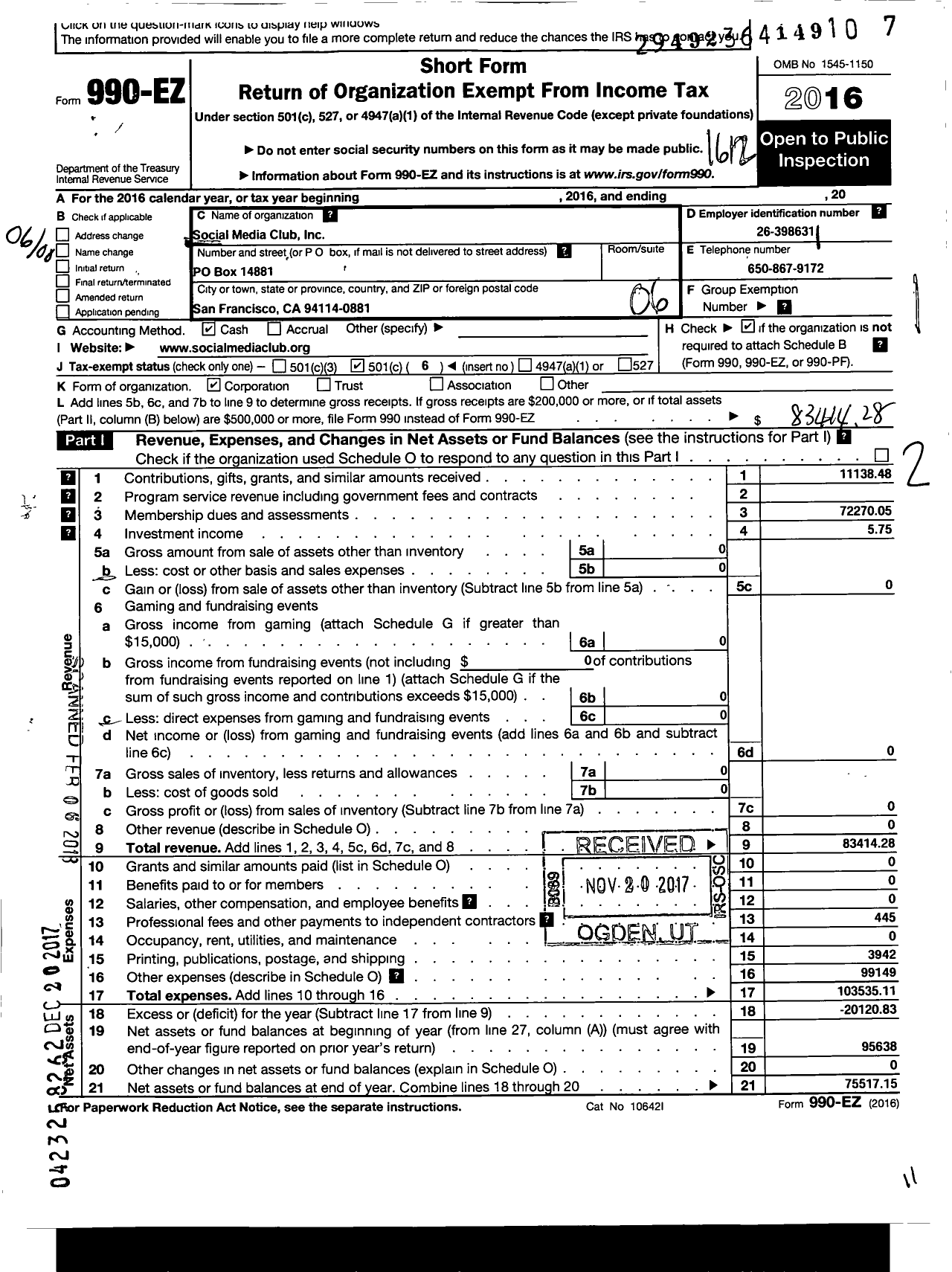 Image of first page of 2016 Form 990EO for Social Media Club