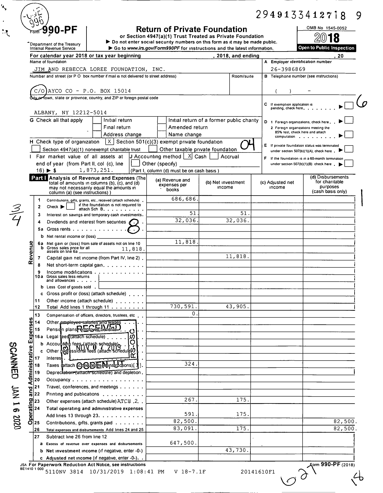 Image of first page of 2018 Form 990PF for Jim and Rebecca Loree Foundation