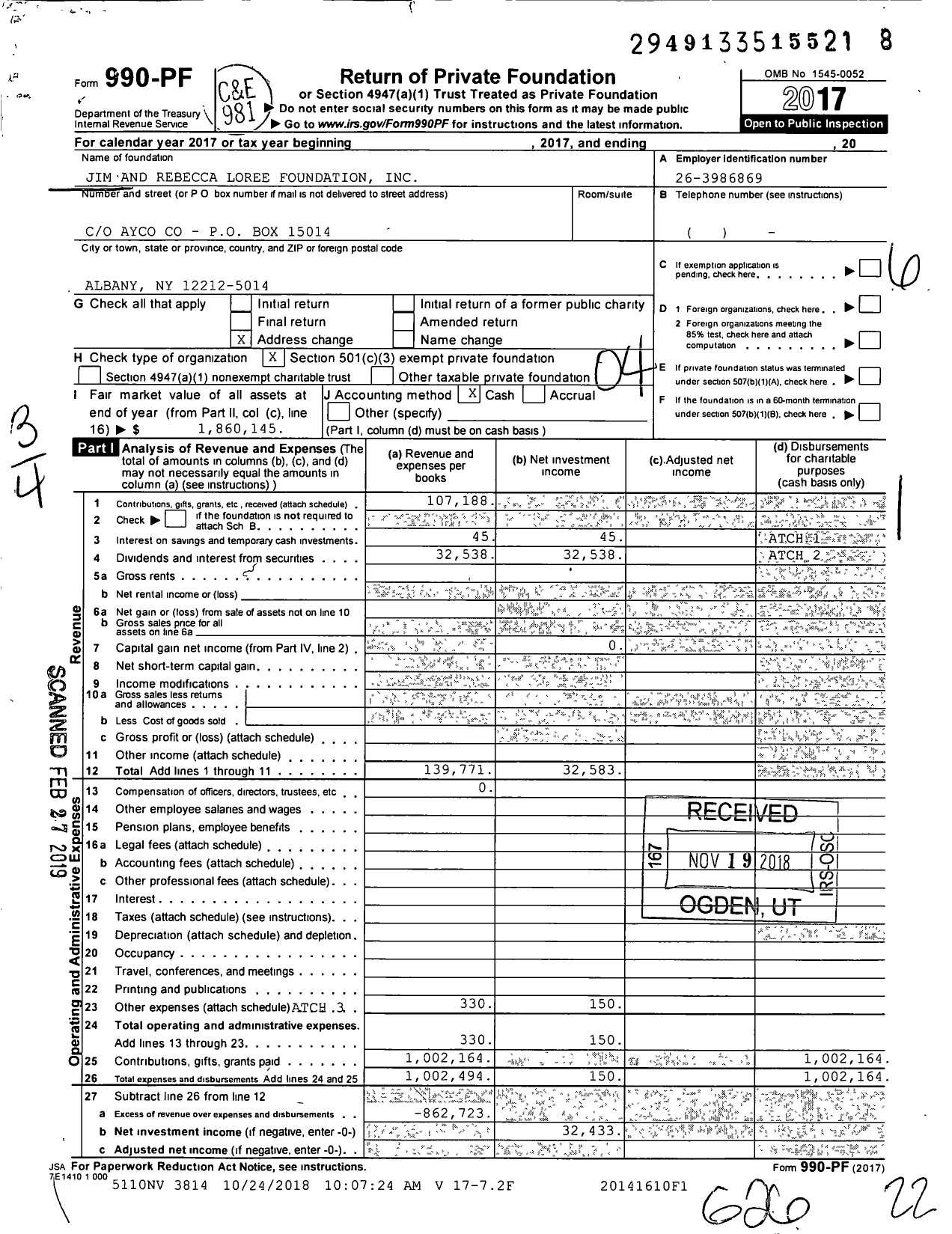 Image of first page of 2017 Form 990PF for Jim and Rebecca Loree Foundation