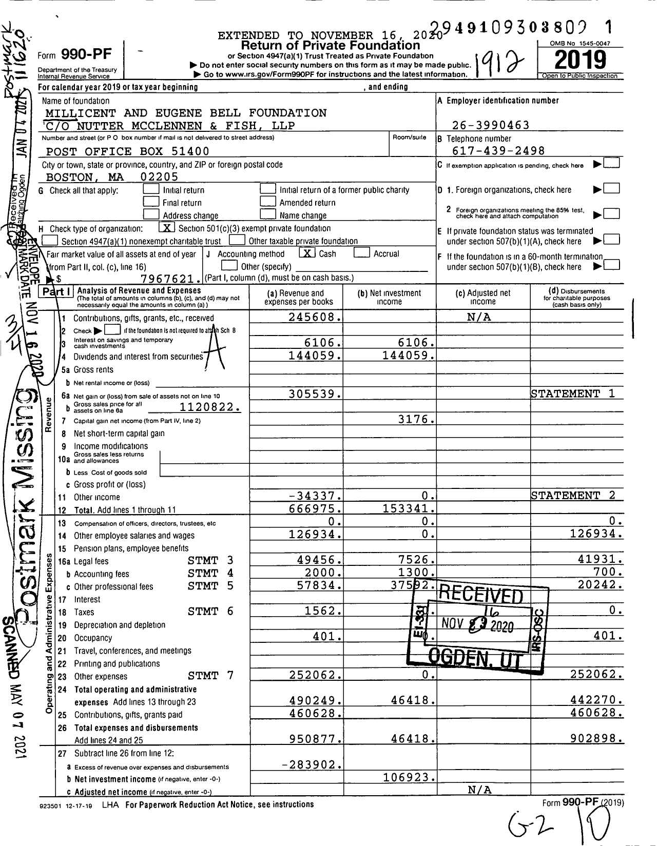 Image of first page of 2019 Form 990PF for Millicent and Eugene Bell Foundation