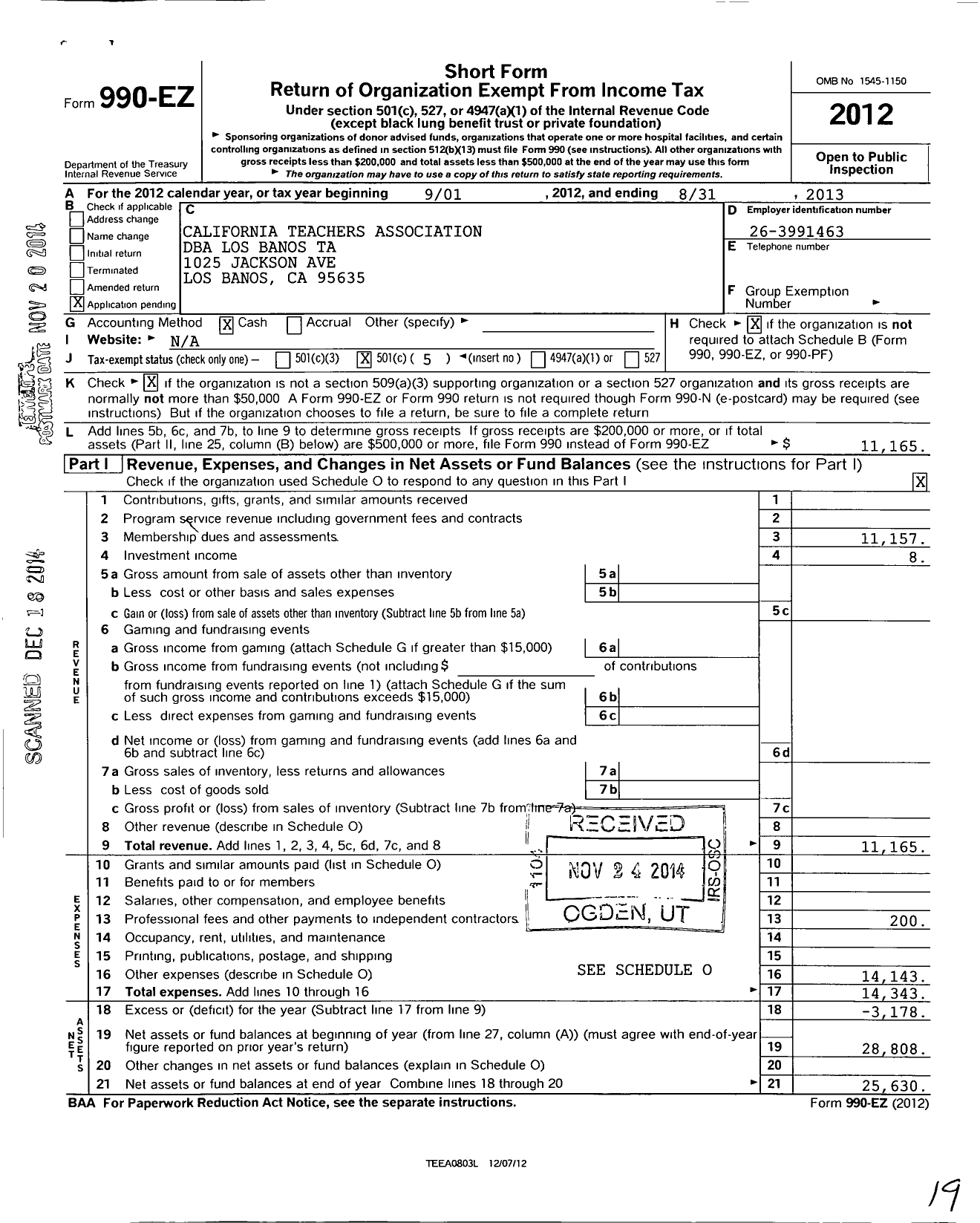 Image of first page of 2012 Form 990EO for California Teachers Association / Los Banos TCHRS Assn