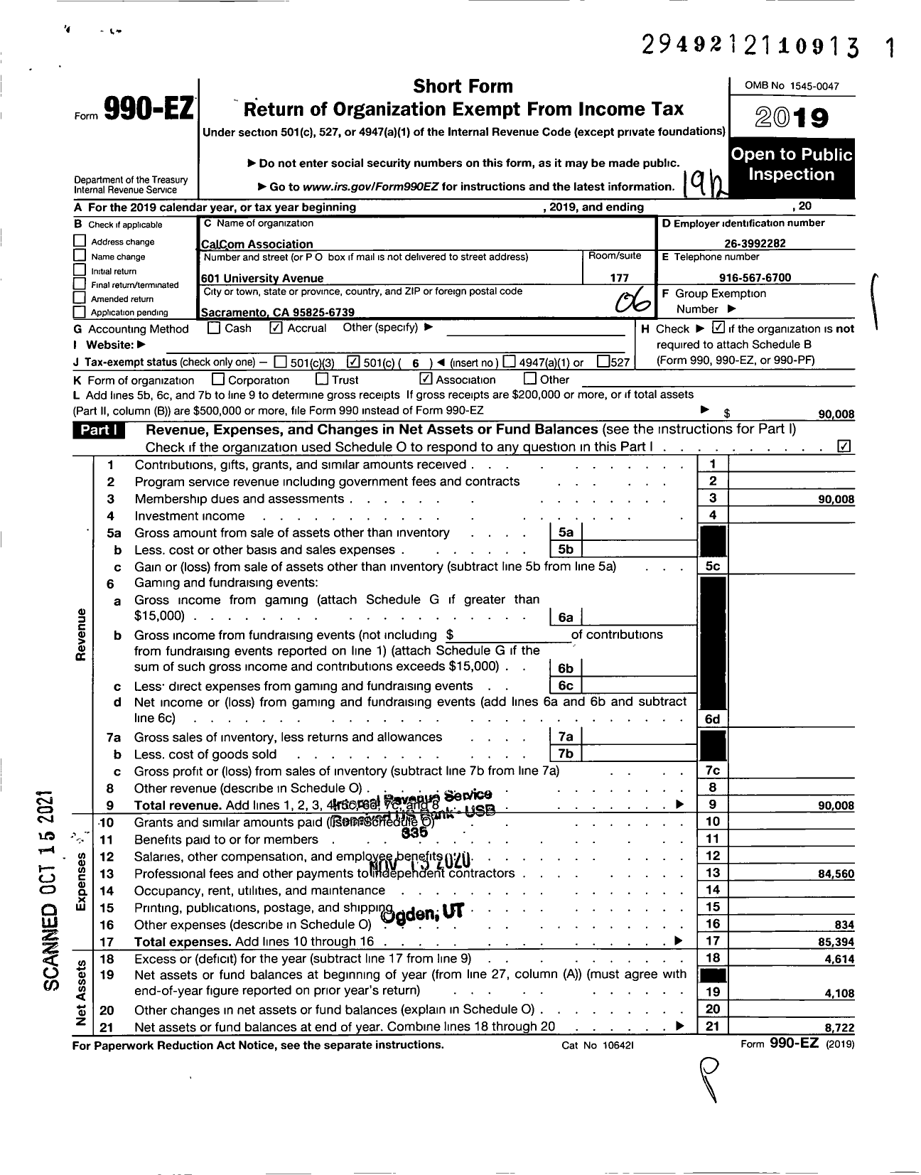 Image of first page of 2019 Form 990EO for Calcom Association