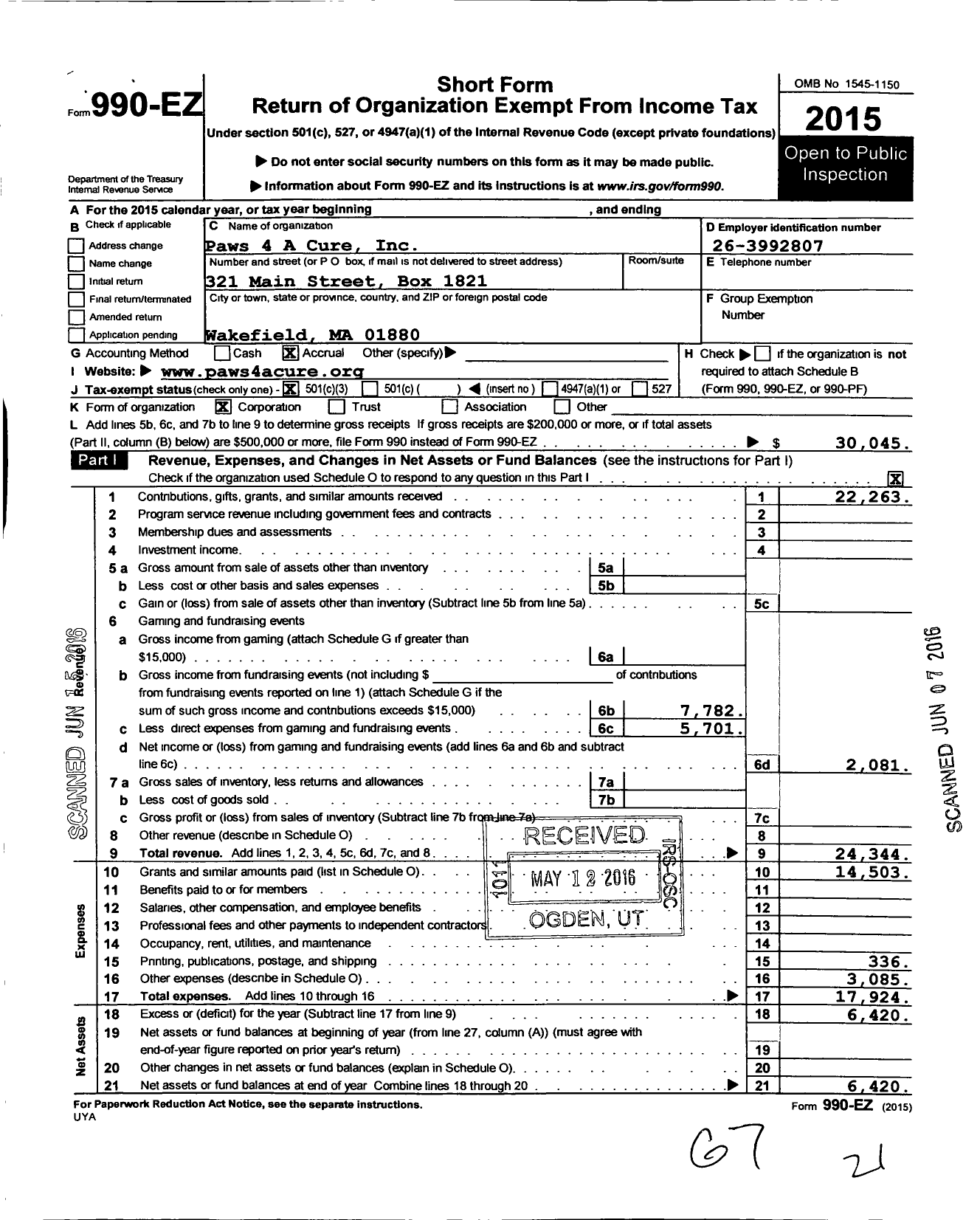 Image of first page of 2015 Form 990EZ for Paws 4 A Cure