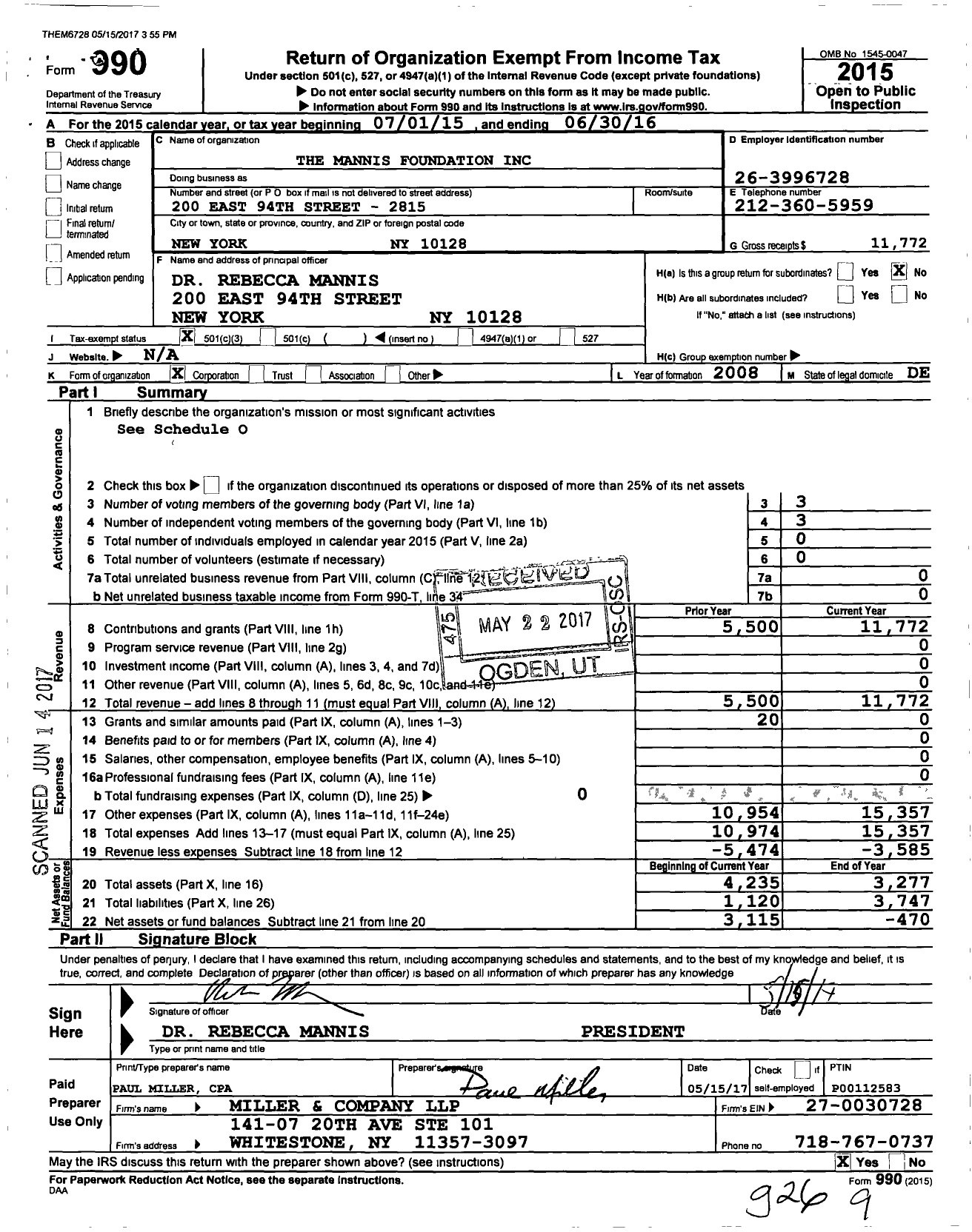 Image of first page of 2015 Form 990 for The Mannis Foundation