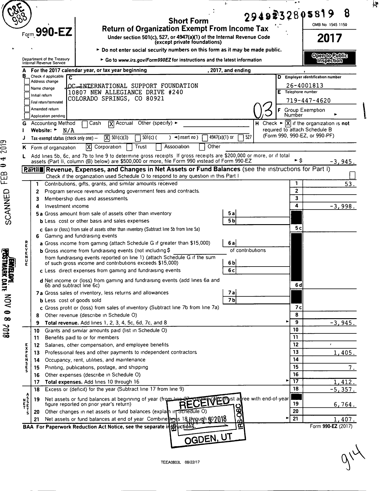 Image of first page of 2017 Form 990EZ for OC International Support Foundation