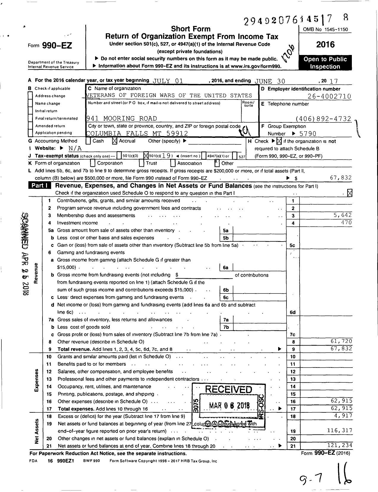 Image of first page of 2016 Form 990EO for Veterans of Foreign Wars of the Us / Group Exemption 5790