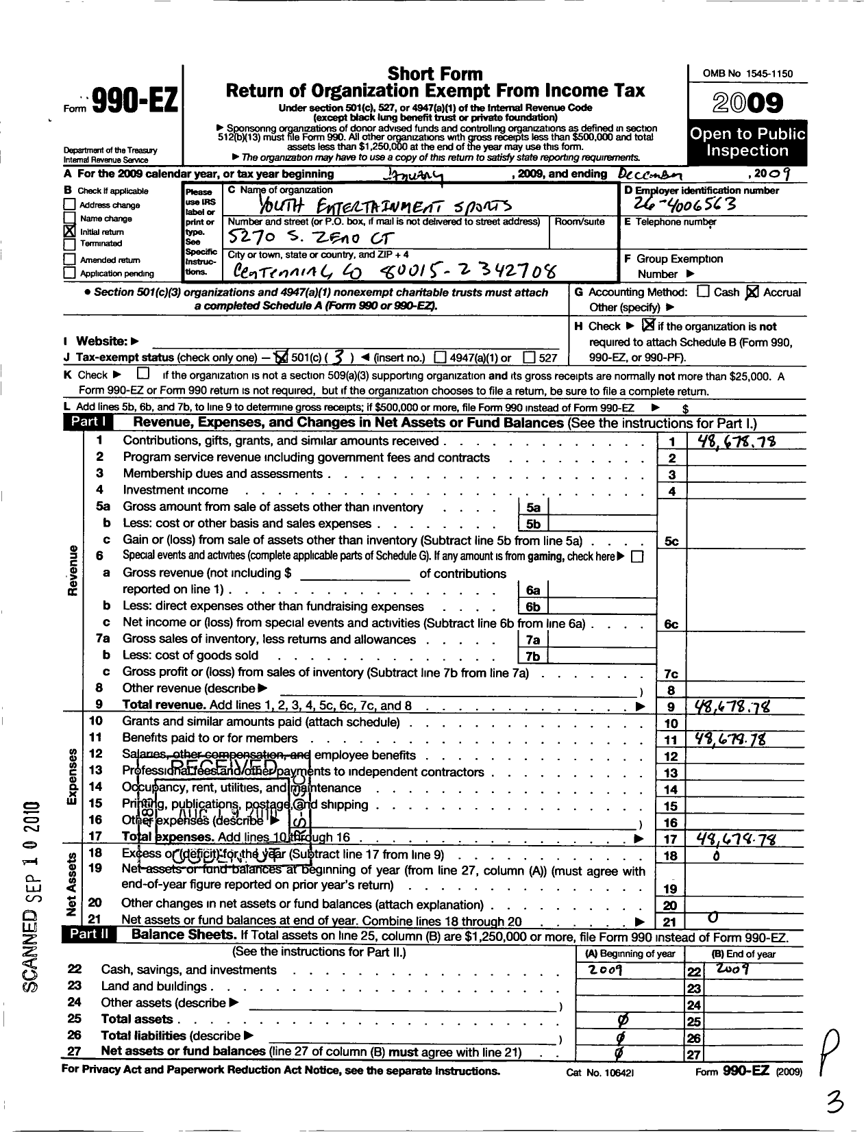 Image of first page of 2009 Form 990EZ for Youth Entertainment Sports