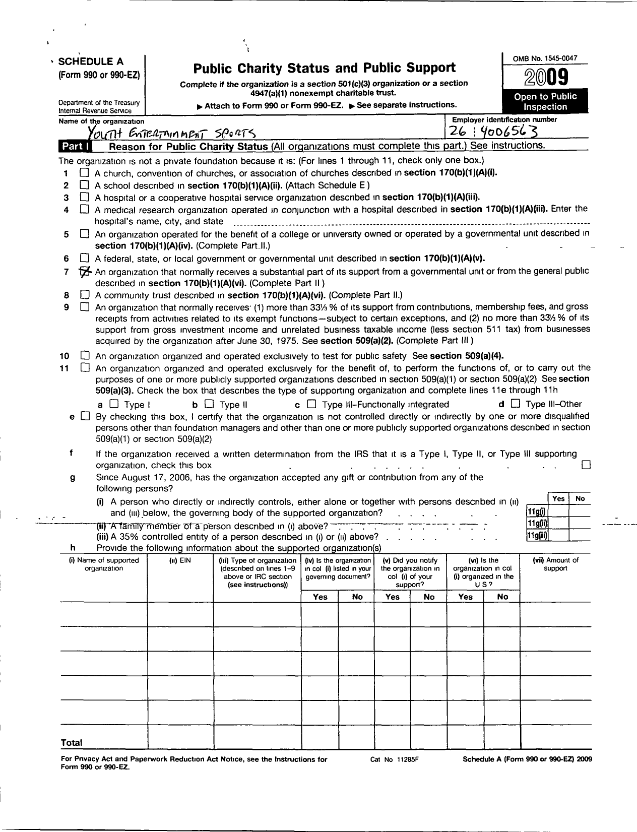 Image of first page of 2009 Form 990ER for Youth Entertainment Sports