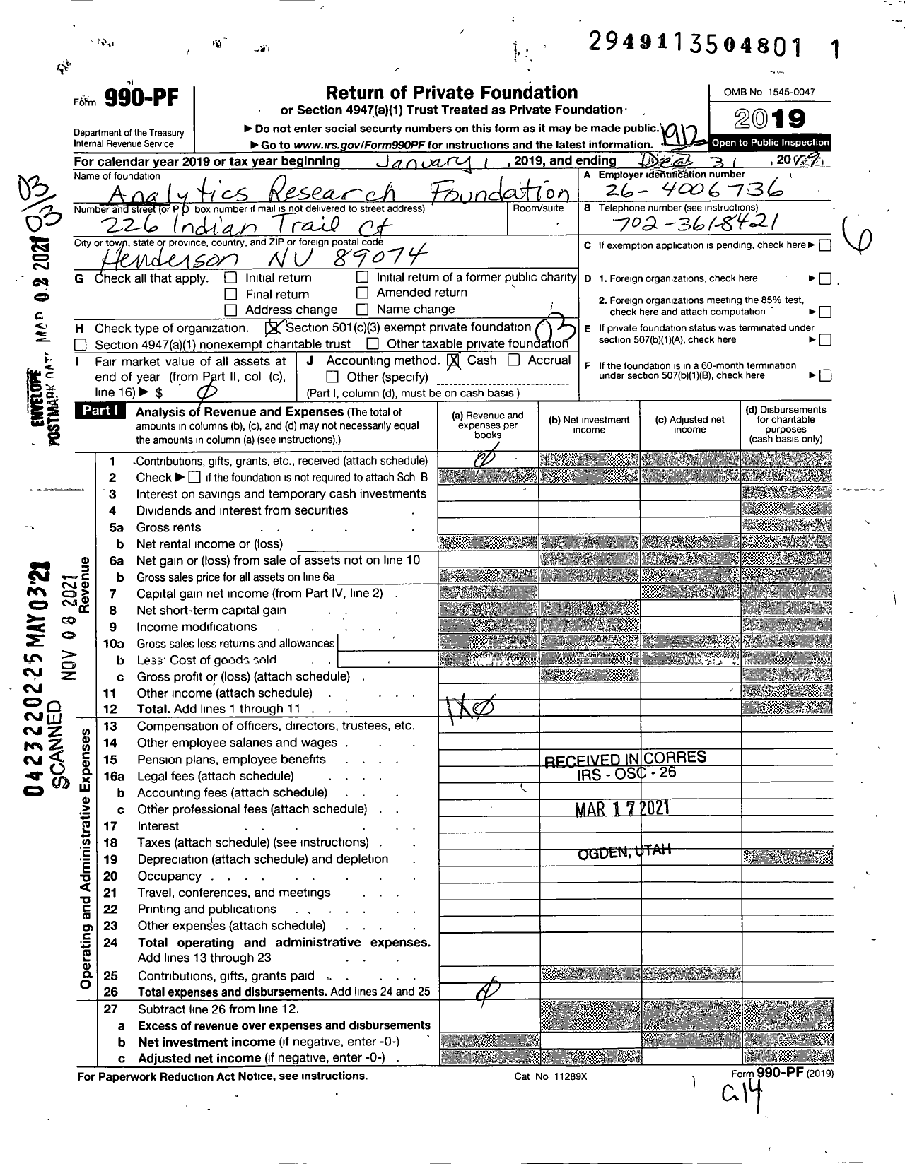 Image of first page of 2019 Form 990PF for Analytics Research Foundation