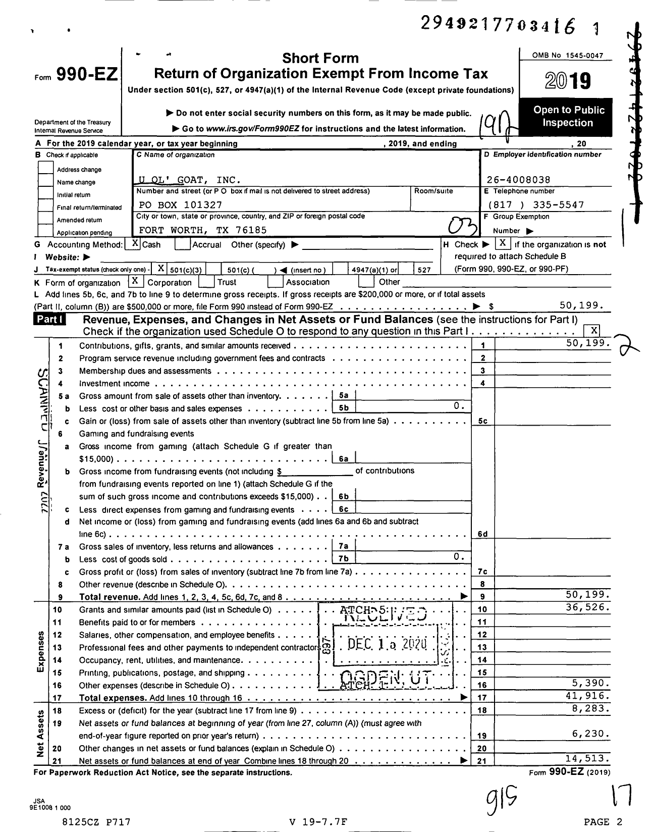 Image of first page of 2019 Form 990EZ for U Ol Goat