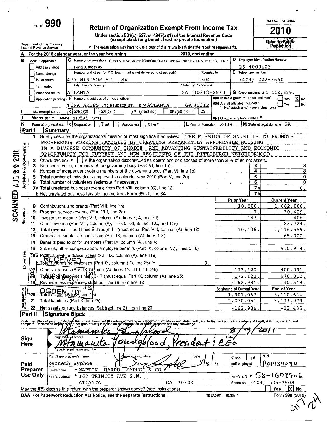 Image of first page of 2010 Form 990 for Sustainable Neighborhood Development Strategies