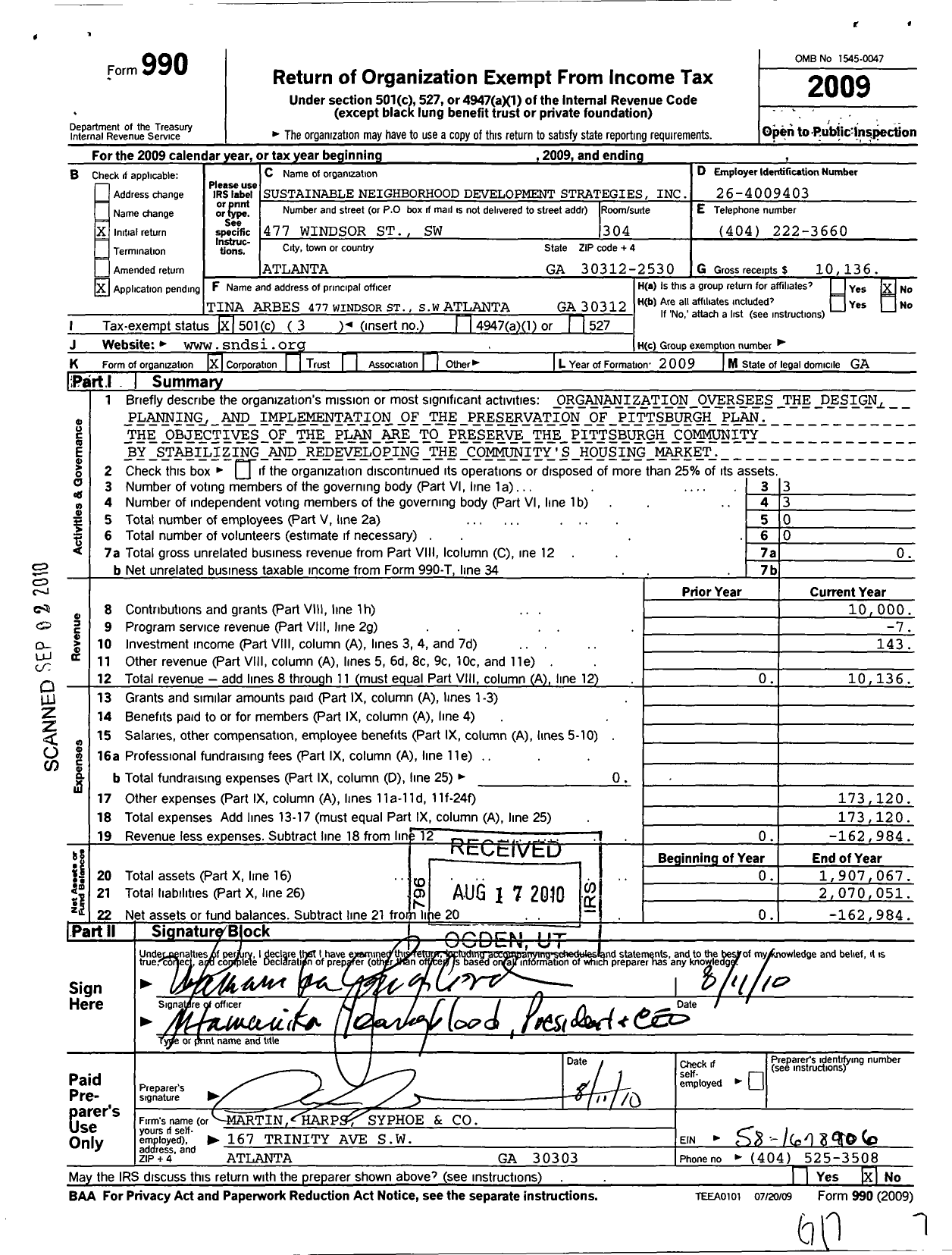 Image of first page of 2009 Form 990 for Sustainable Neighborhood Development Strategies