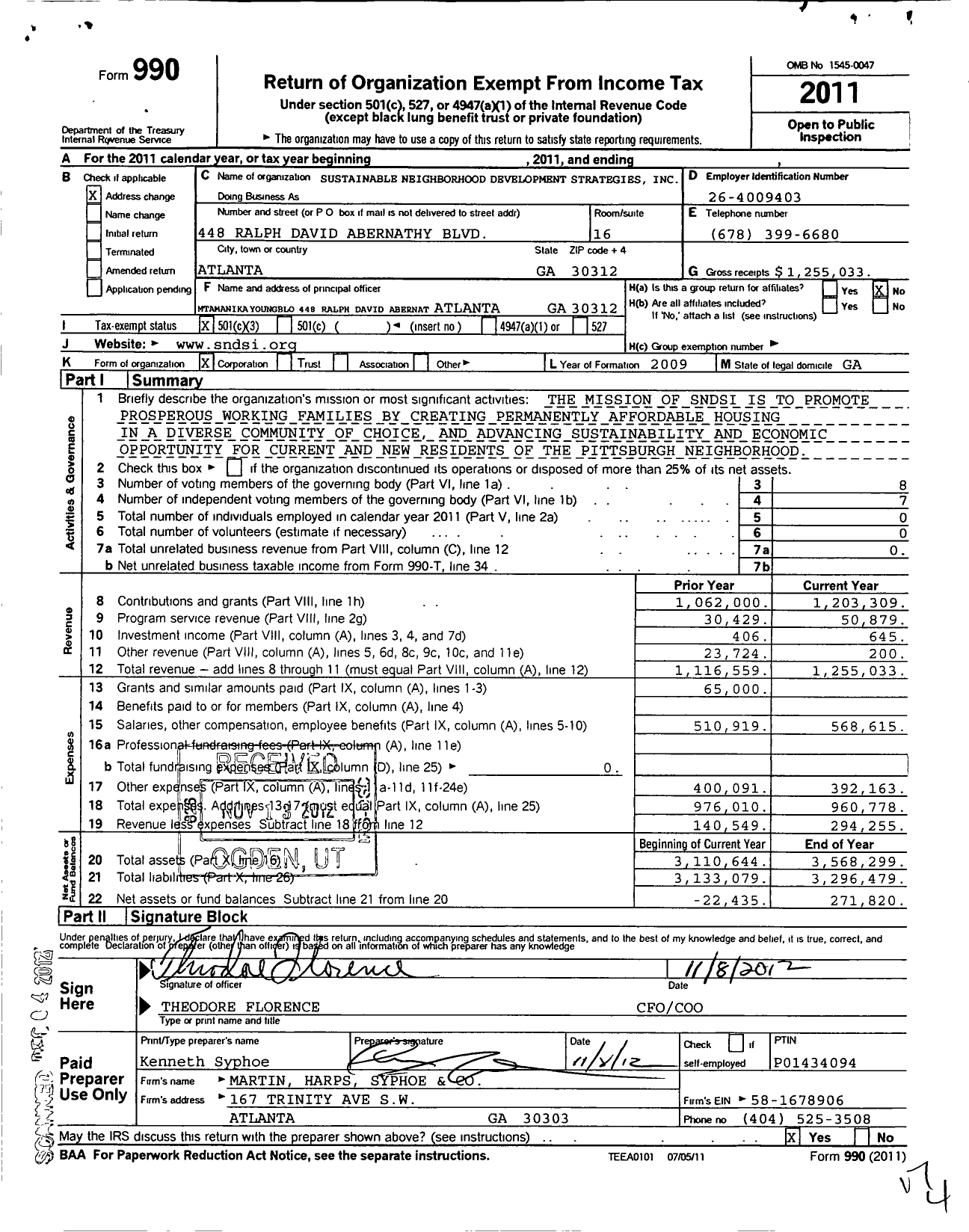 Image of first page of 2011 Form 990 for Sustainable Neighborhood Development Strategies