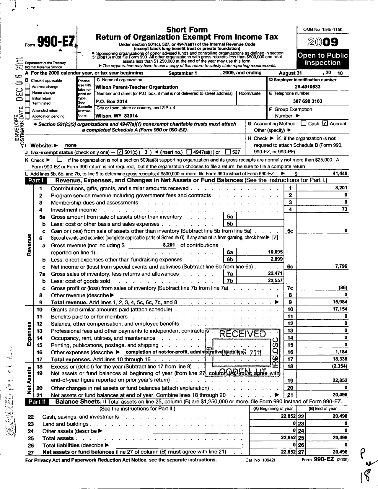 Image of first page of 2009 Form 990EZ for Wilson Parent-Teacher Organization