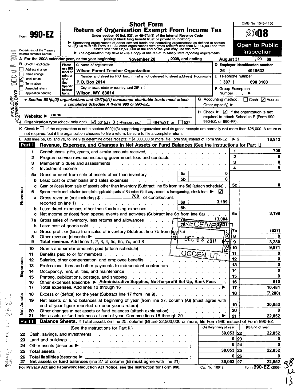 Image of first page of 2008 Form 990EZ for Wilson Parent-Teacher Organization