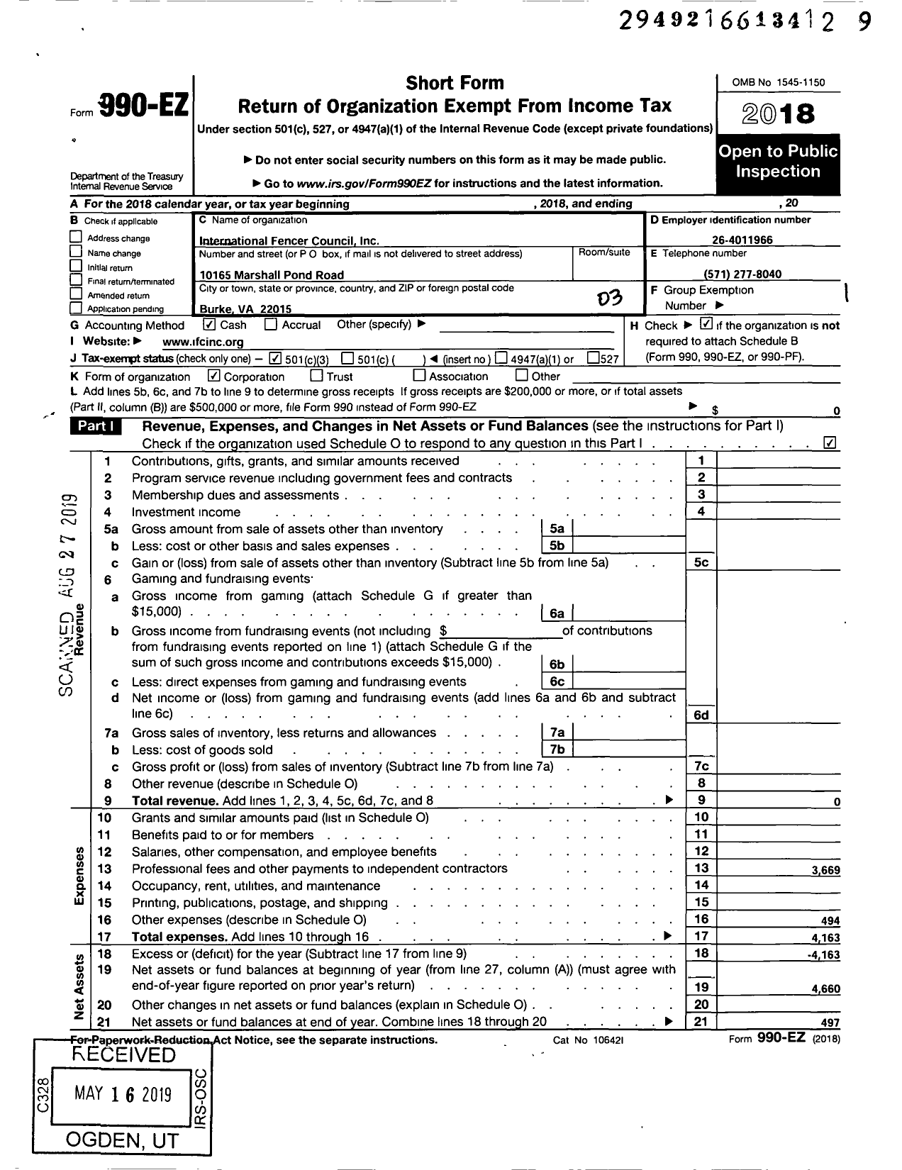 Image of first page of 2018 Form 990EZ for International Fencer Council