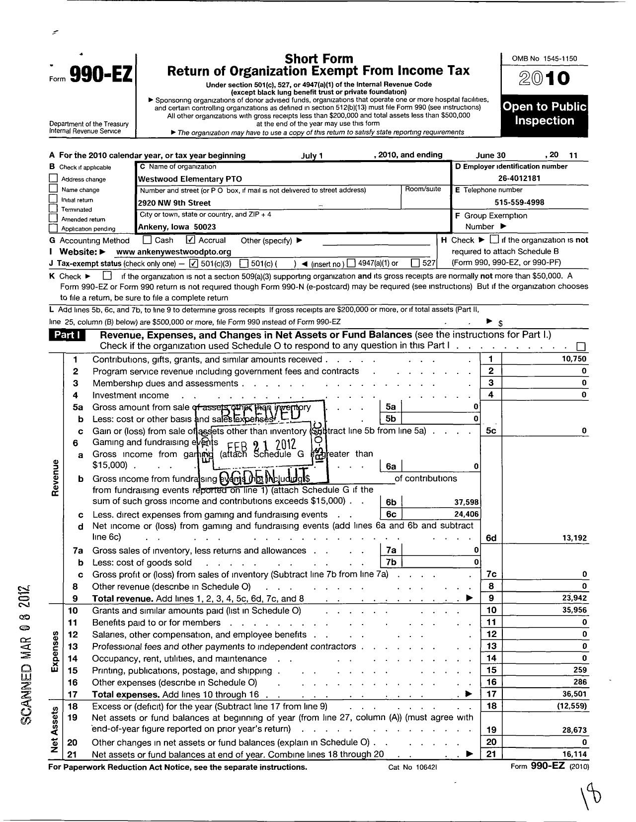 Image of first page of 2010 Form 990EZ for Westwood Elementary Pto