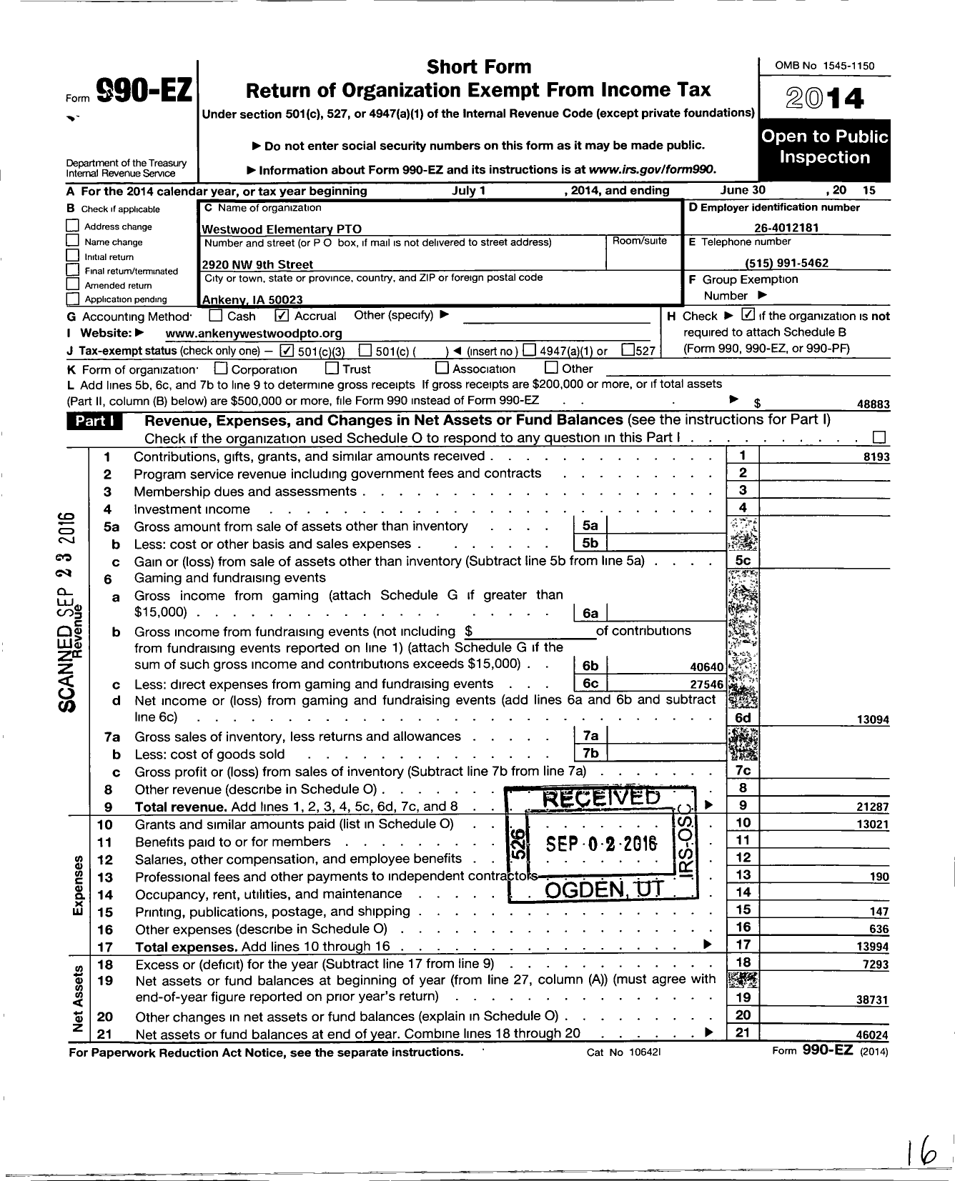 Image of first page of 2014 Form 990EZ for Westwood Elementary Pto