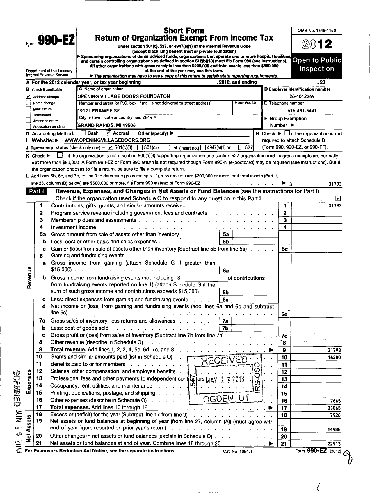 Image of first page of 2012 Form 990EZ for Opening Village Doors Foundation