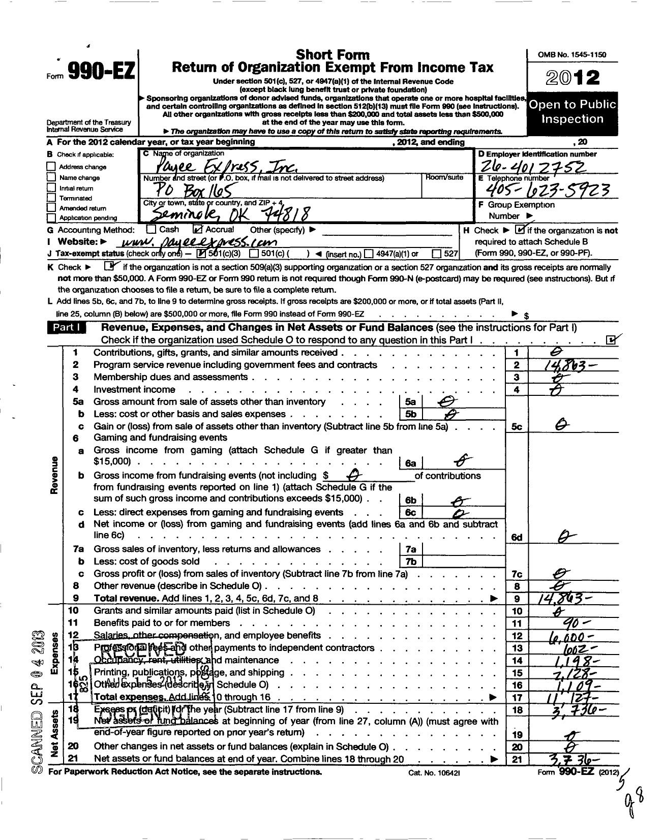 Image of first page of 2012 Form 990EZ for Payee Express