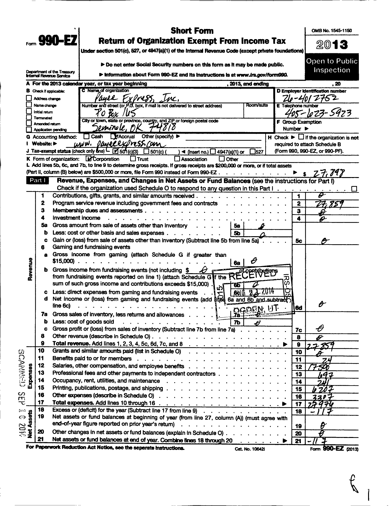 Image of first page of 2013 Form 990EZ for Payee Express