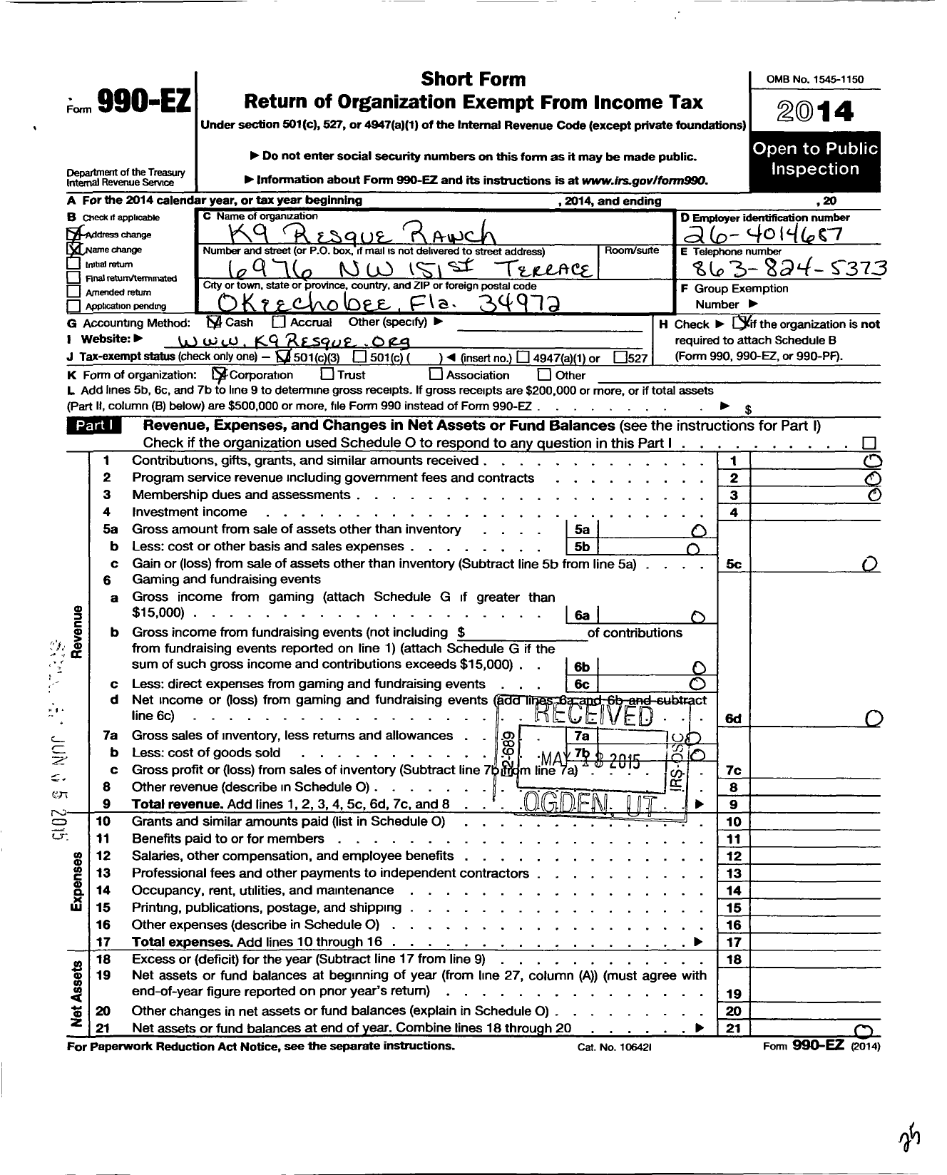 Image of first page of 2014 Form 990EZ for K9 Resque