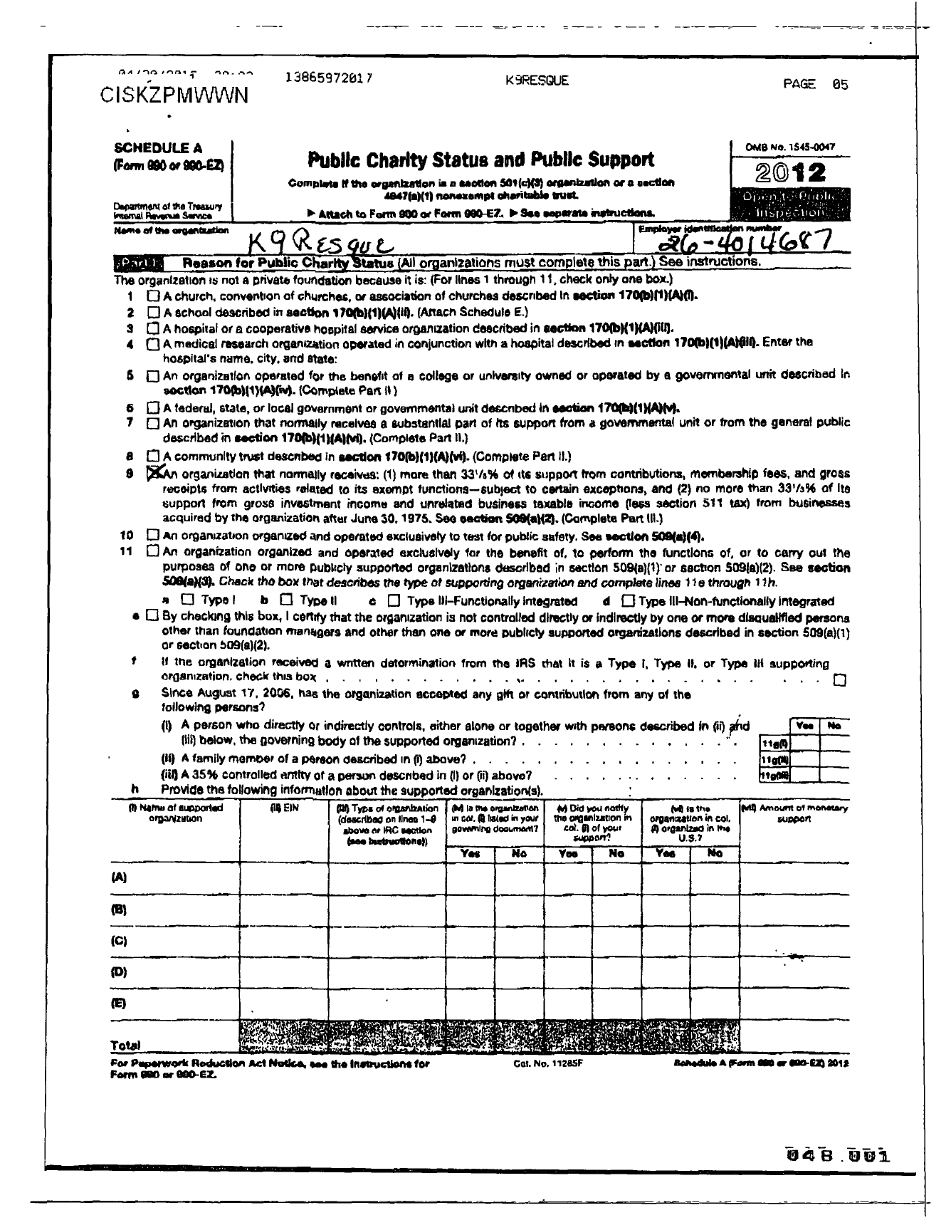 Image of first page of 2010 Form 990ER for K9 Resque