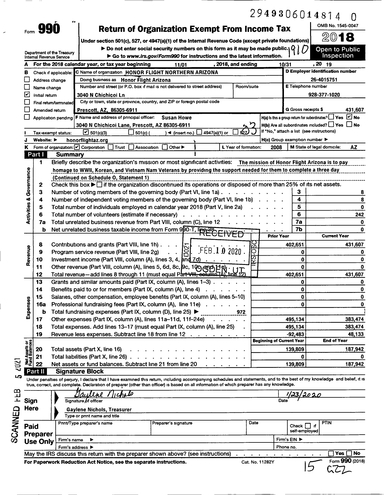 Image of first page of 2018 Form 990 for Honor Flight Arizona