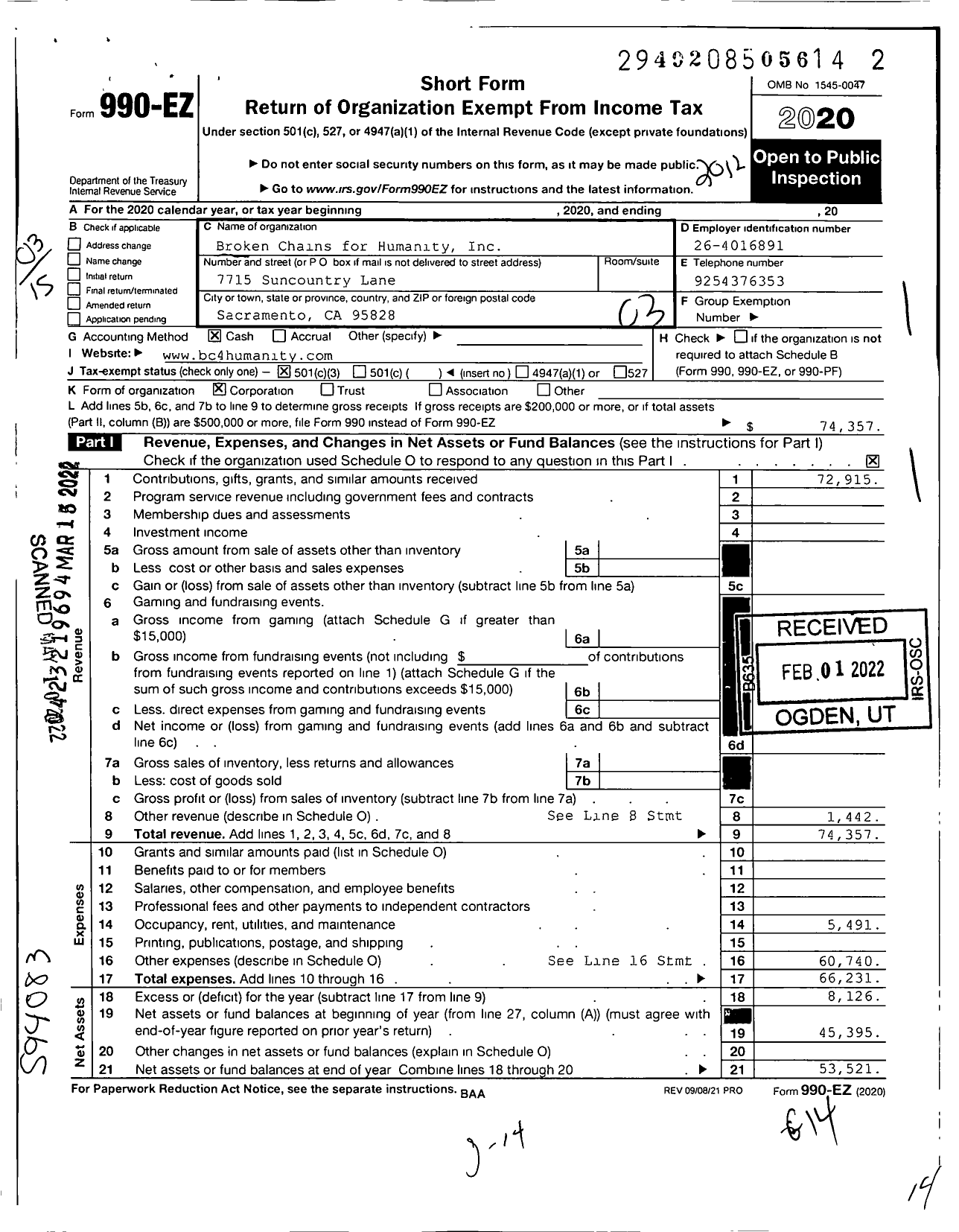 Image of first page of 2020 Form 990EZ for Broken Chains for Humanity