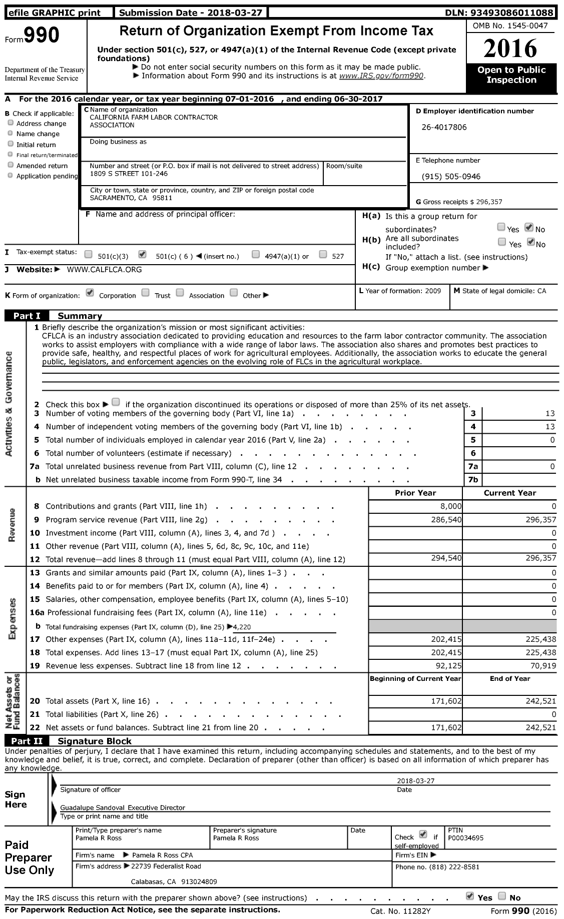 Image of first page of 2016 Form 990 for California Farm Labor Contractor Association