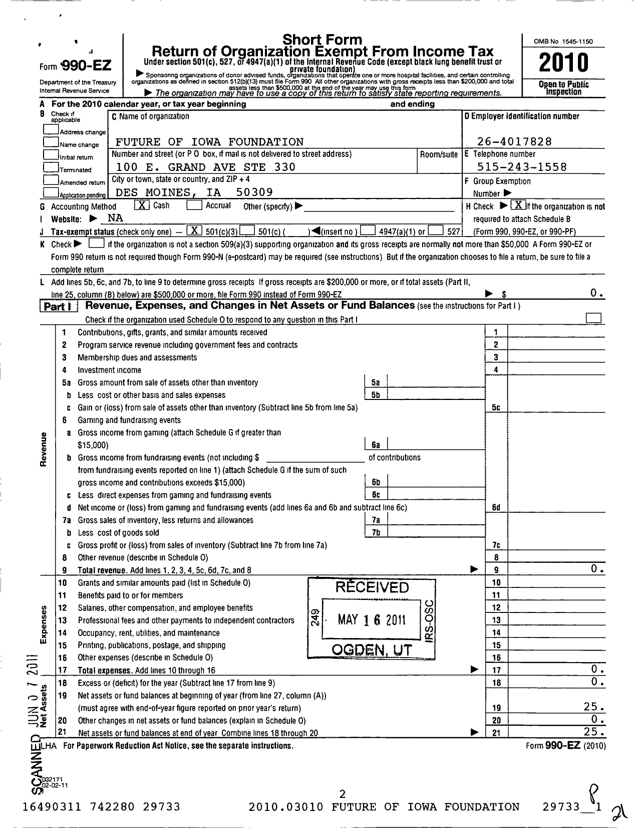 Image of first page of 2010 Form 990EZ for Future of Iowa Foundation