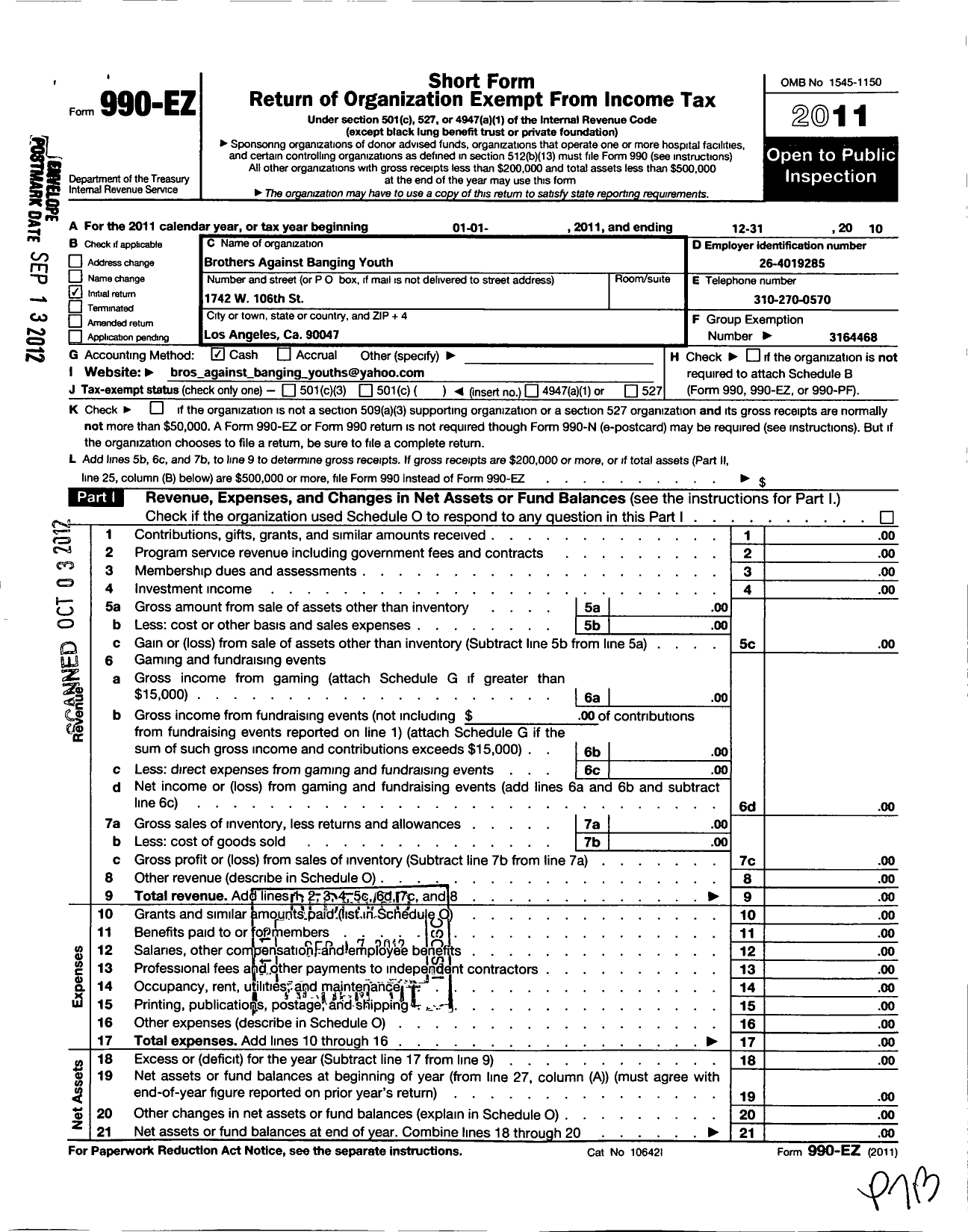 Image of first page of 2010 Form 990EO for Brothers Against Banging Youthbaby