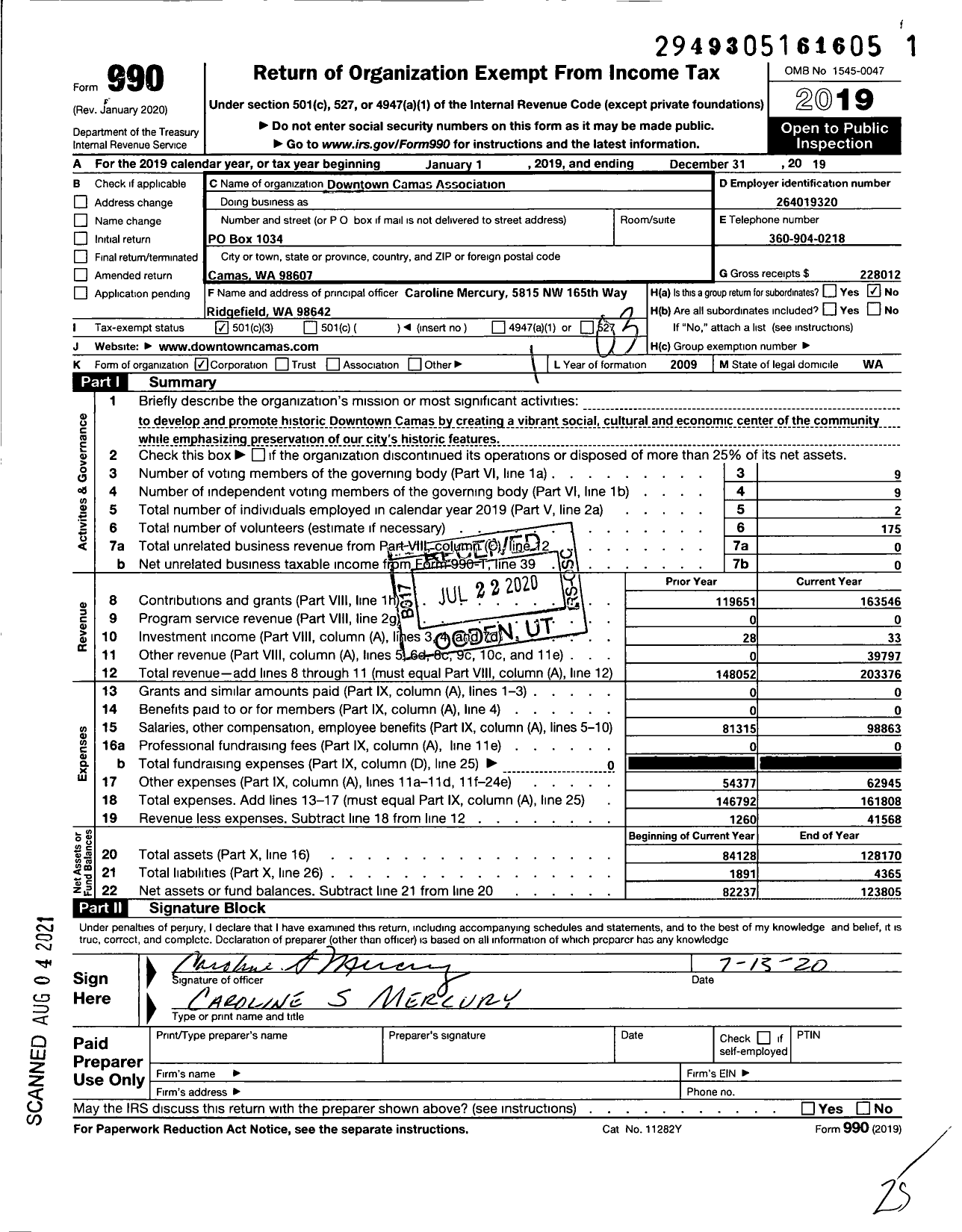 Image of first page of 2019 Form 990 for Downtown Camas Association