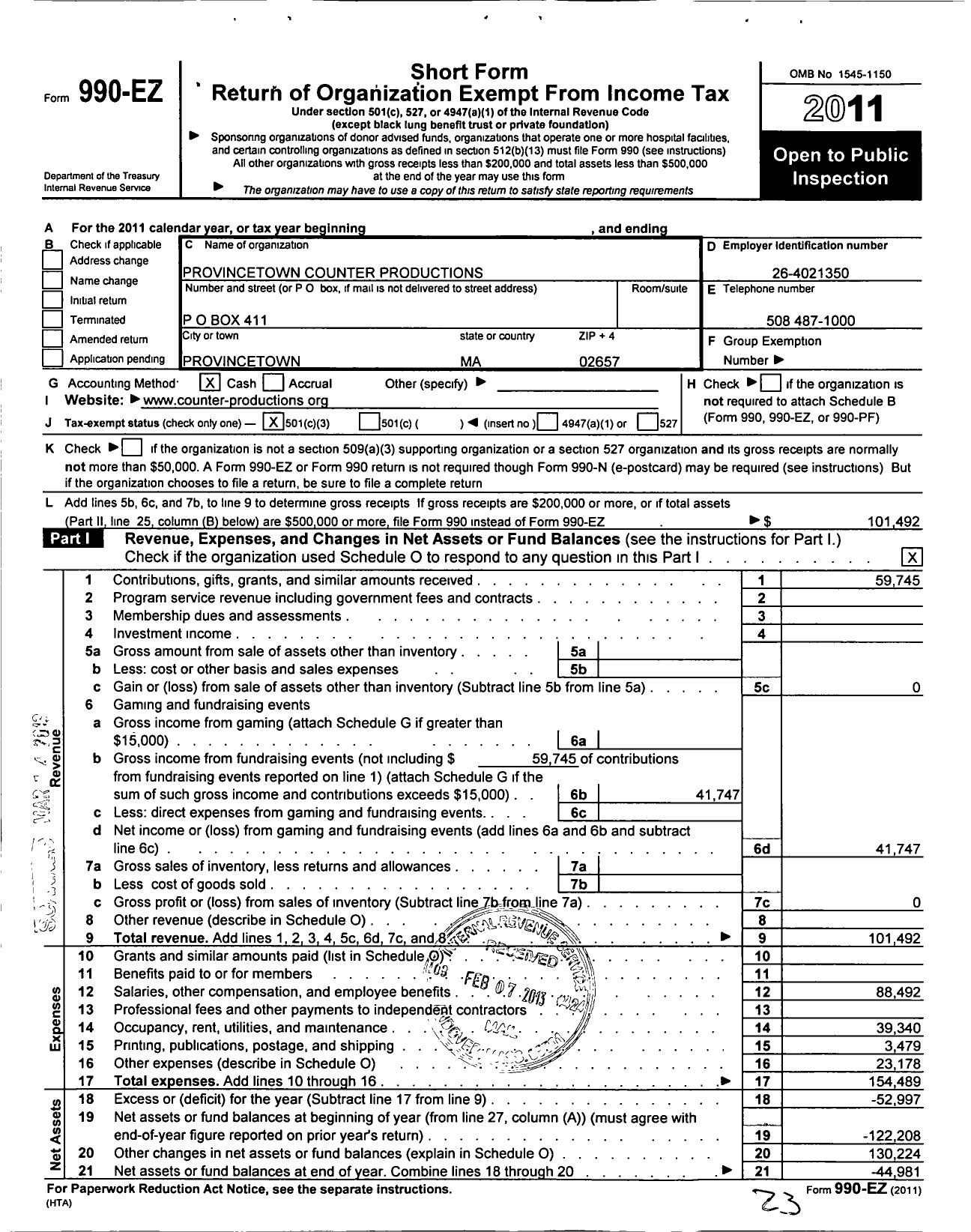 Image of first page of 2011 Form 990EZ for Provincetown Counter Productions