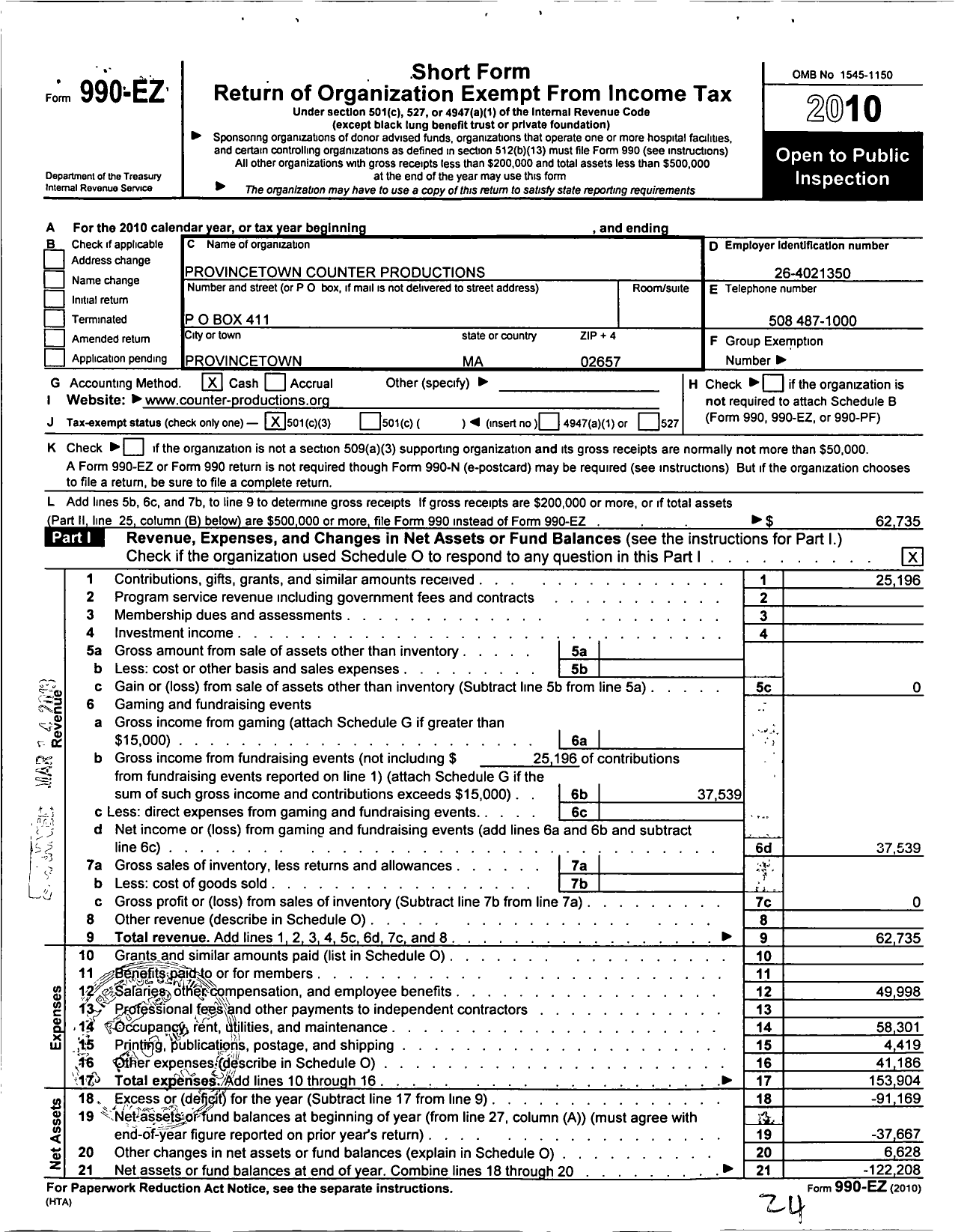 Image of first page of 2010 Form 990EZ for Provincetown Counter Productions