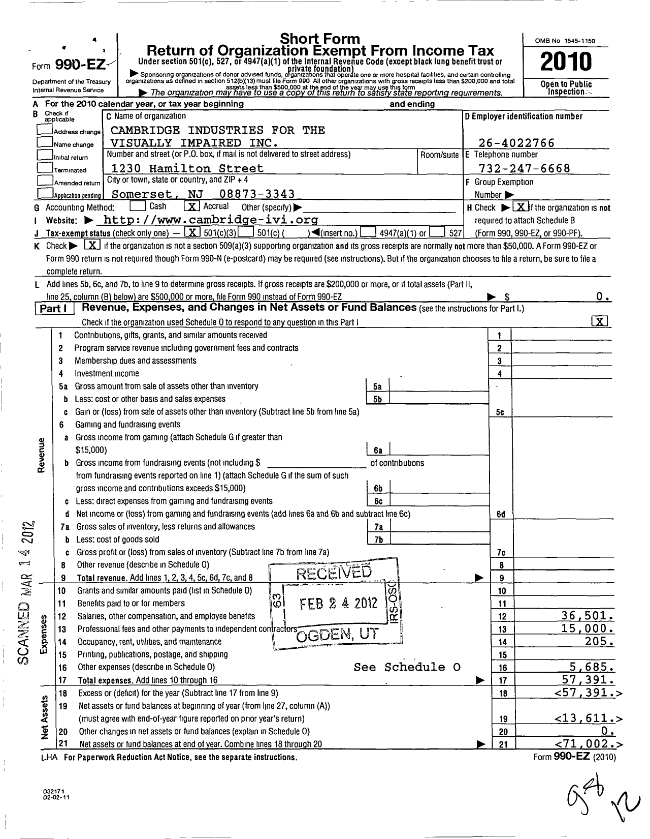 Image of first page of 2010 Form 990EZ for Cambridge Industries for the Visually Impaired