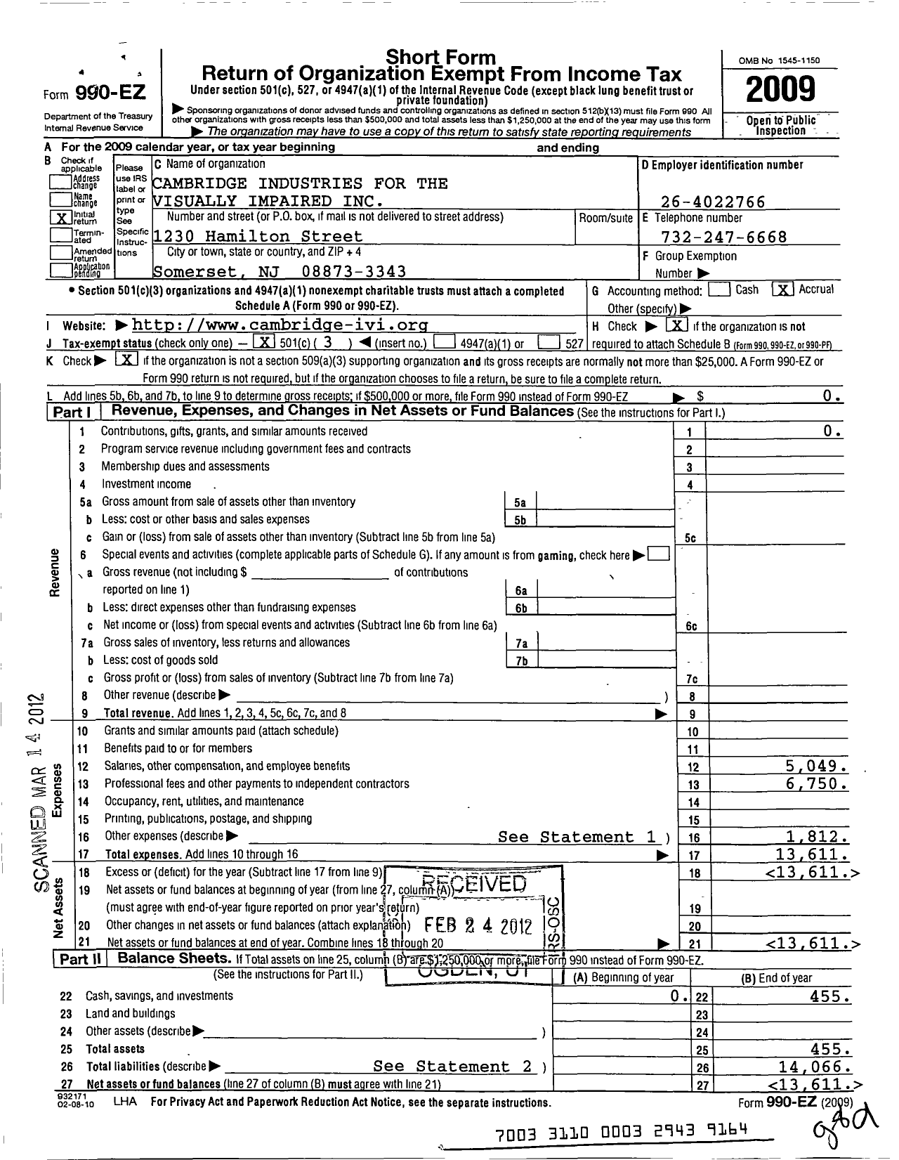 Image of first page of 2009 Form 990EZ for Cambridge Industries for the Visually Impaired